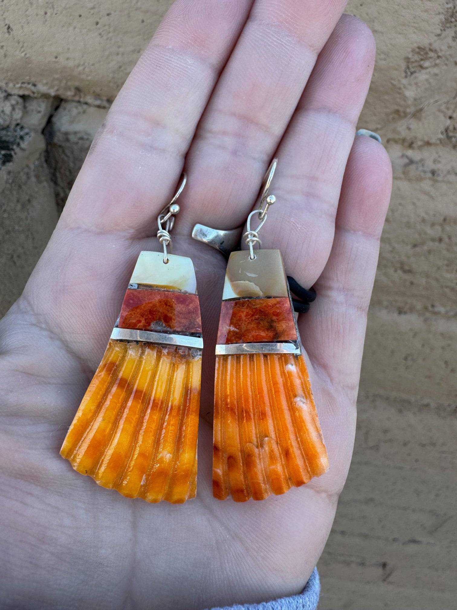 Handcrafted Multi Stone Inlay & Shell Dangle Earrings