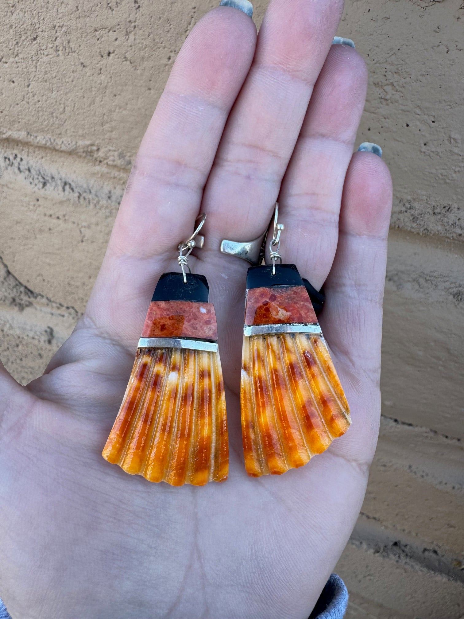 Handcrafted Multi Stone Inlay & Shell Dangle Earrings
