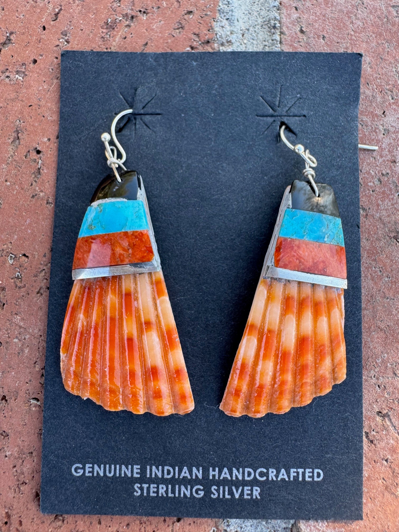 Handcrafted Multi Stone Inlay & Shell Dangle Earrings