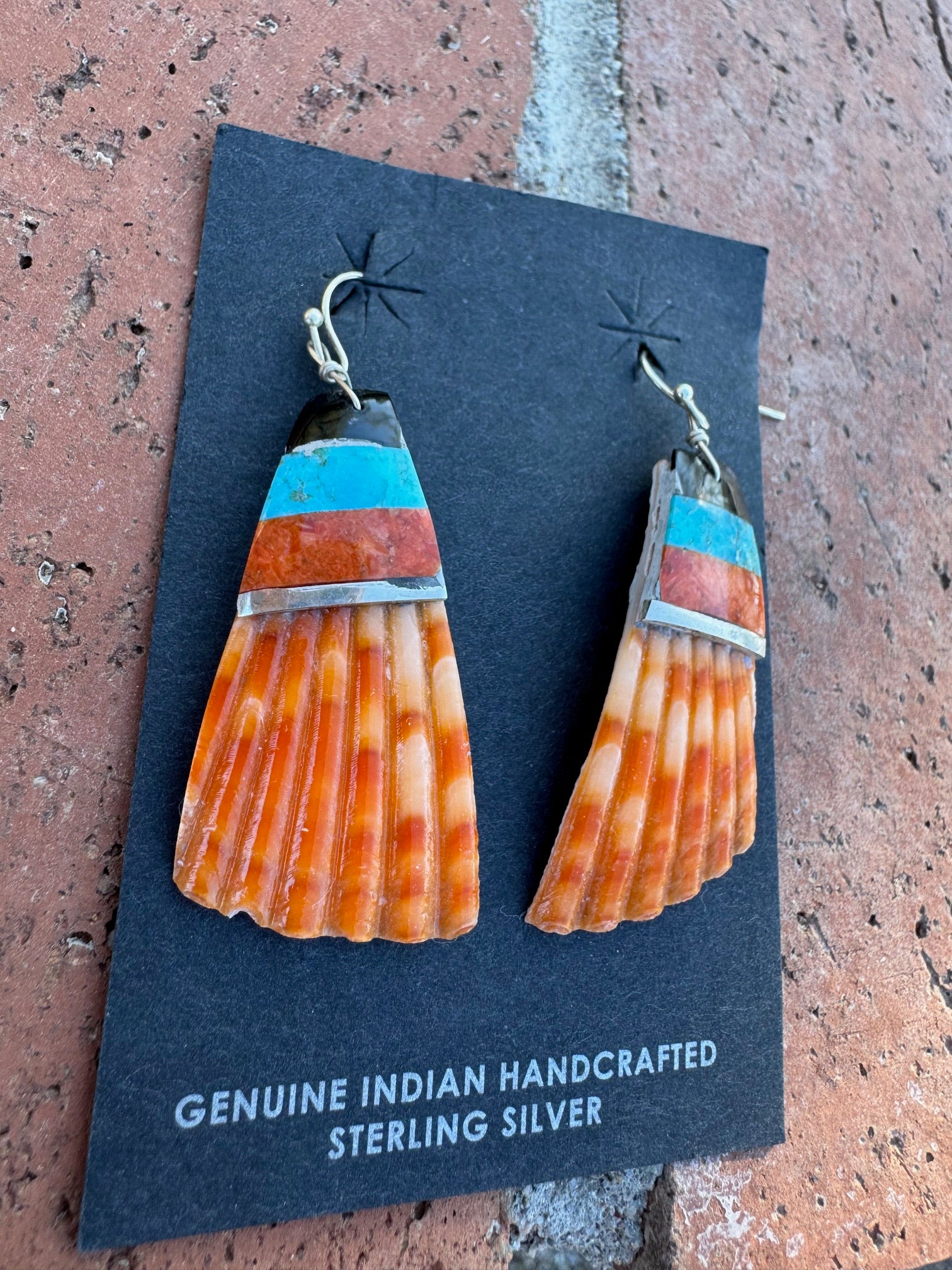 Handcrafted Multi Stone Inlay & Shell Dangle Earrings