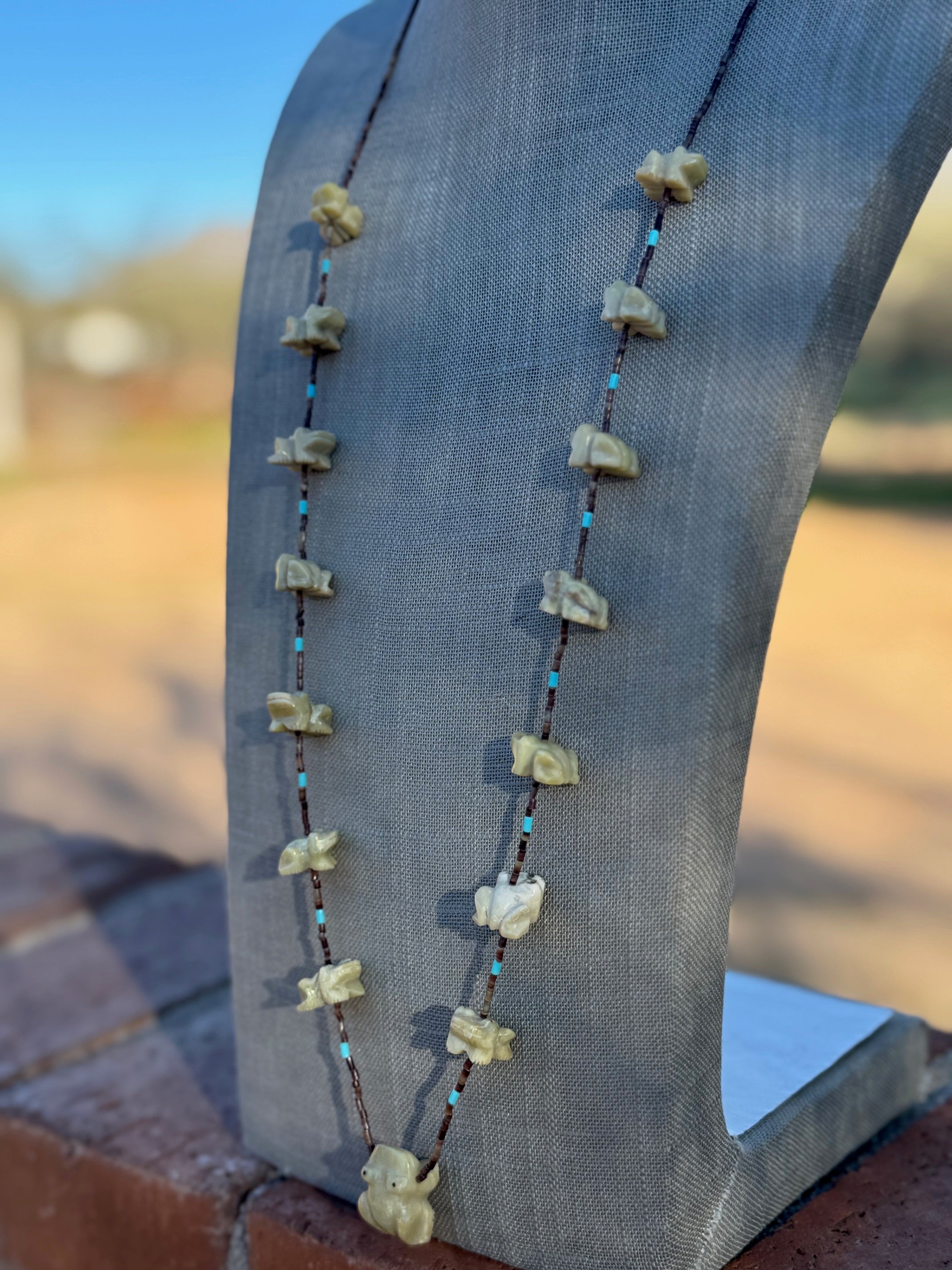 Handcrafted Sterling Silver & Beaded Frog Fetish Necklace 33"