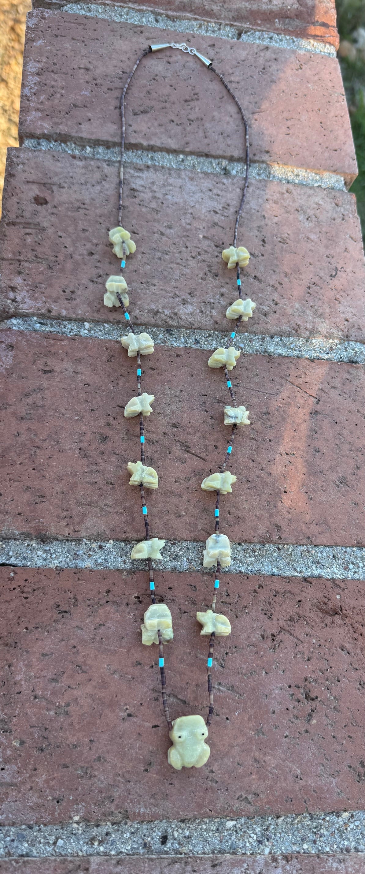 Handcrafted Sterling Silver & Beaded Frog Fetish Necklace 33"