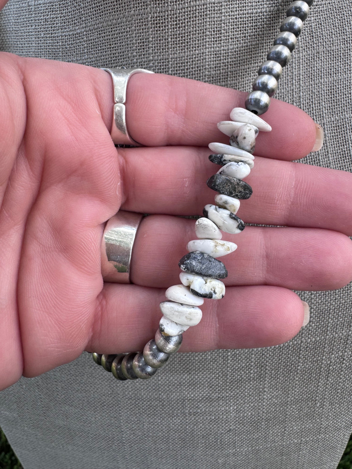 Handcrafted White Buffalo & Sterling Silver Pearl 20” Beaded Necklace