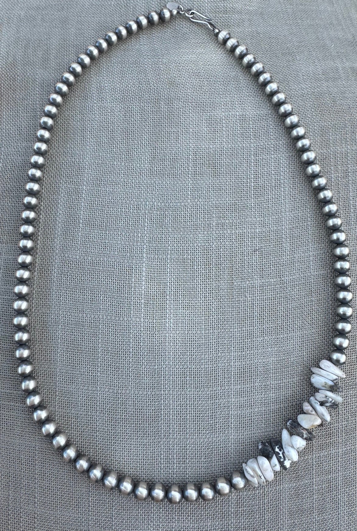 Handcrafted White Buffalo & Sterling Silver Pearl 20” Beaded Necklace