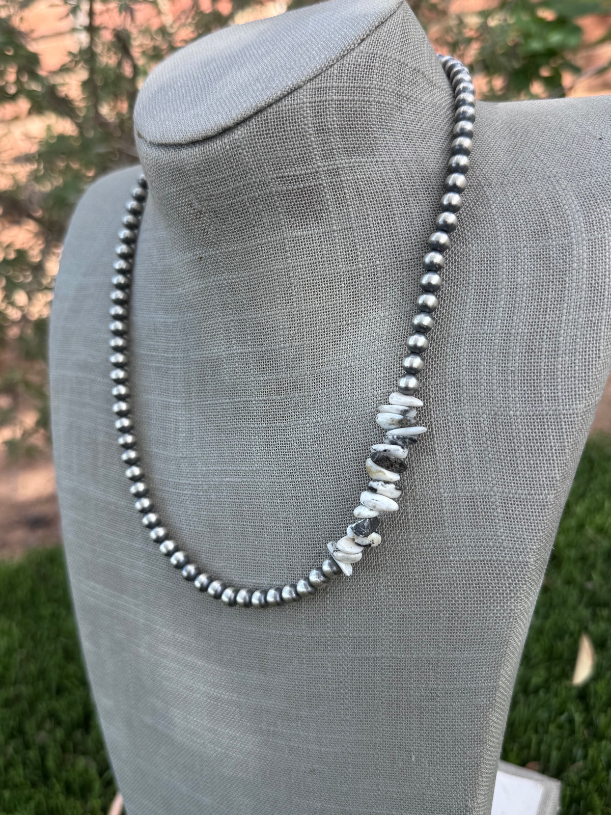 Handcrafted White Buffalo & Sterling Silver Pearl 20” Beaded Necklace
