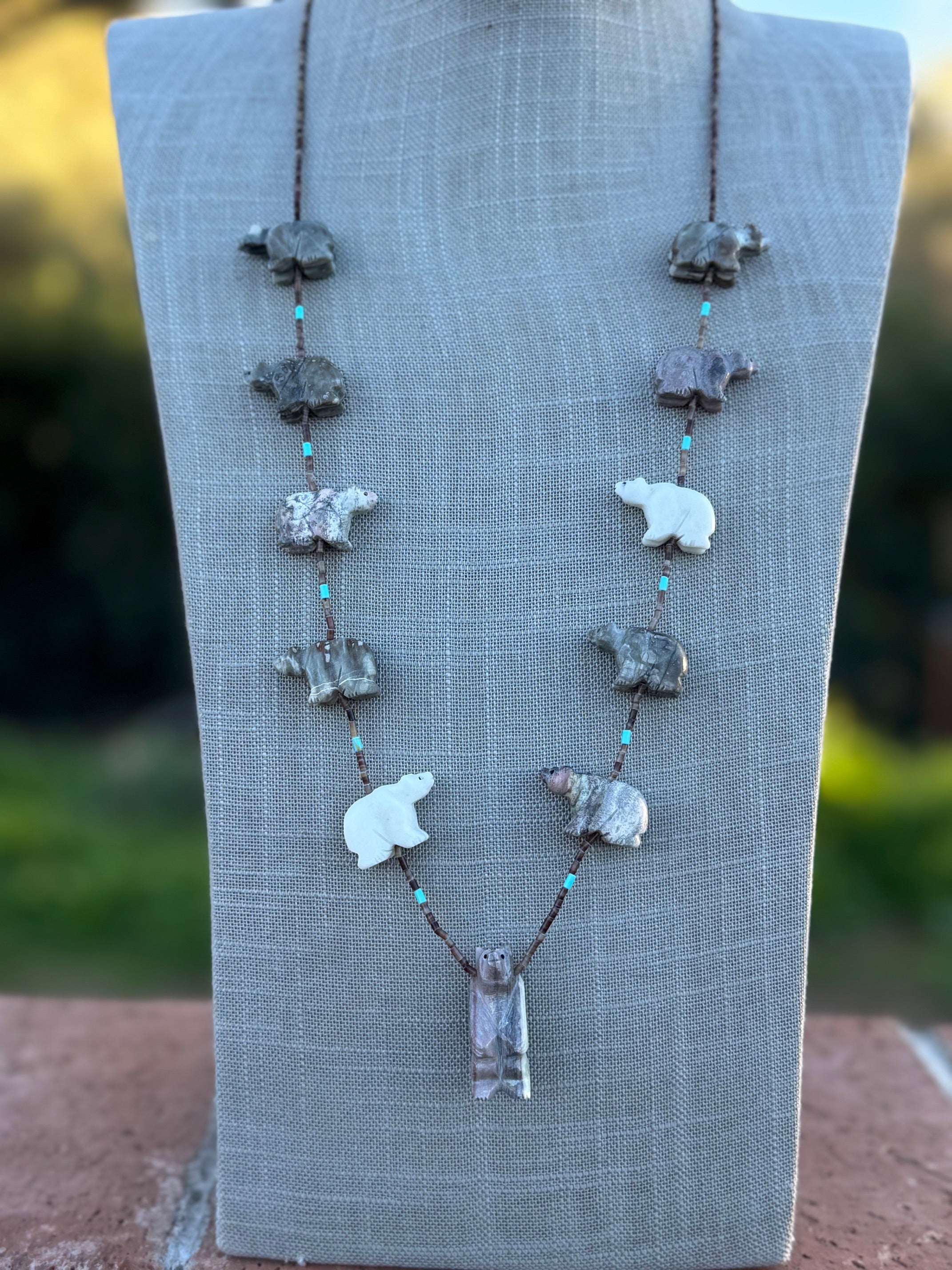 Handcrafted Sterling Silver & Beaded Bear Fetish Necklace 30"