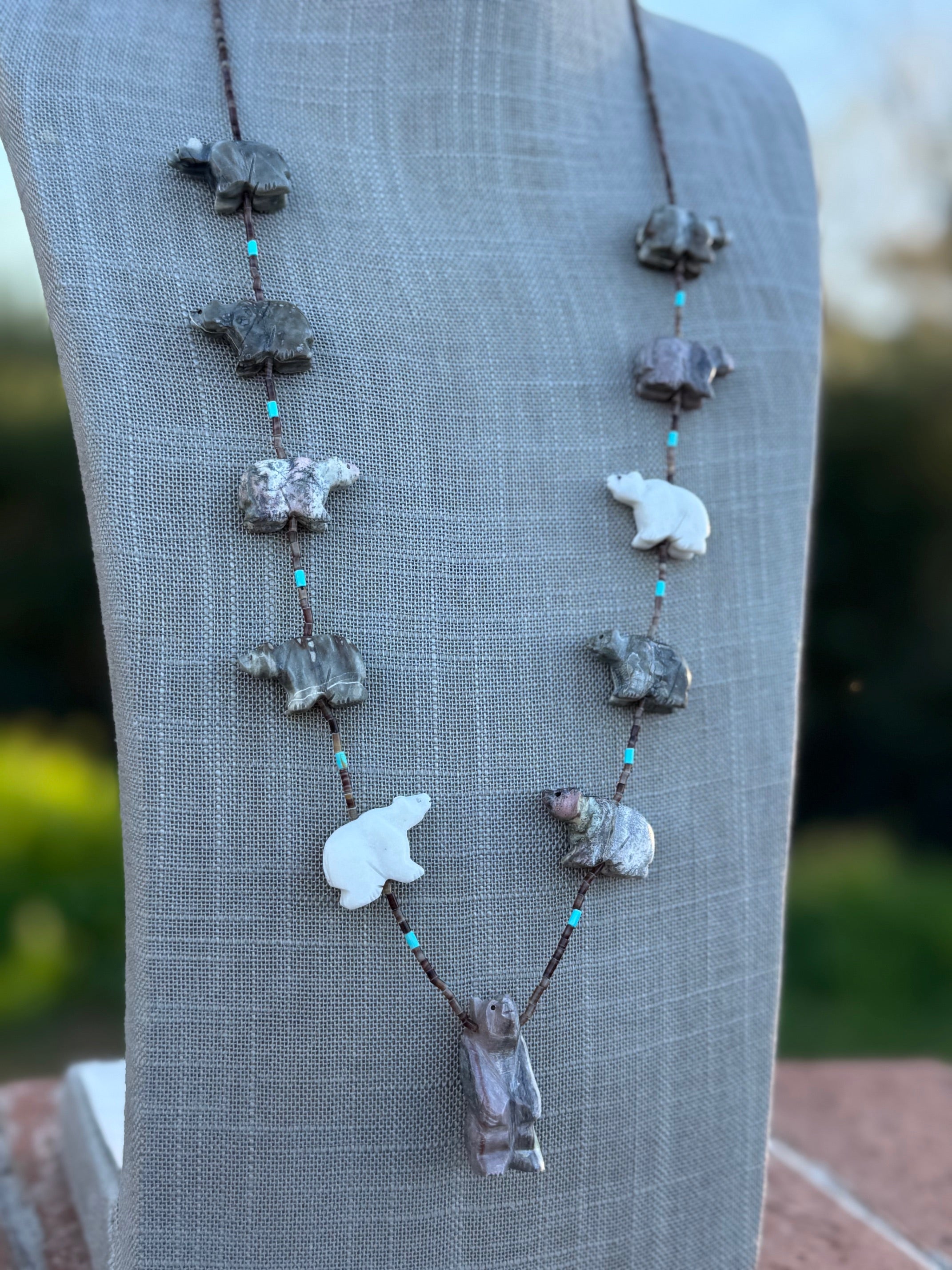 Handcrafted Sterling Silver & Beaded Bear Fetish Necklace 30"