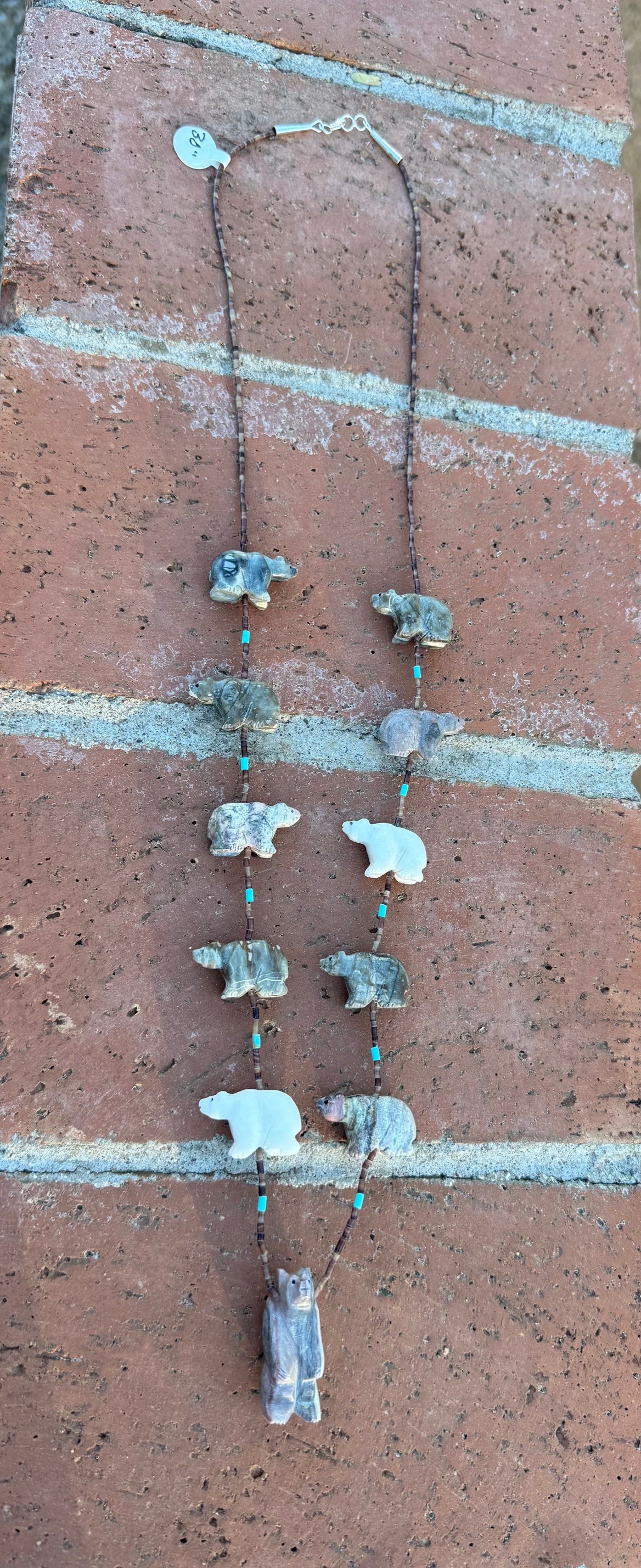 Handcrafted Sterling Silver & Beaded Bear Fetish Necklace 30"