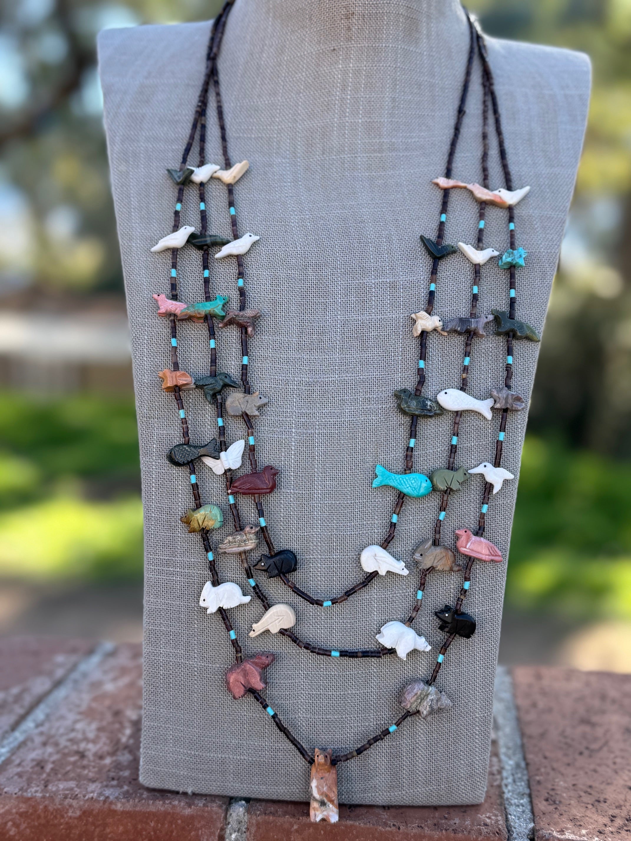 Handcrafted Sterling Silver & Beaded Fetish 3 strand Necklace 30"