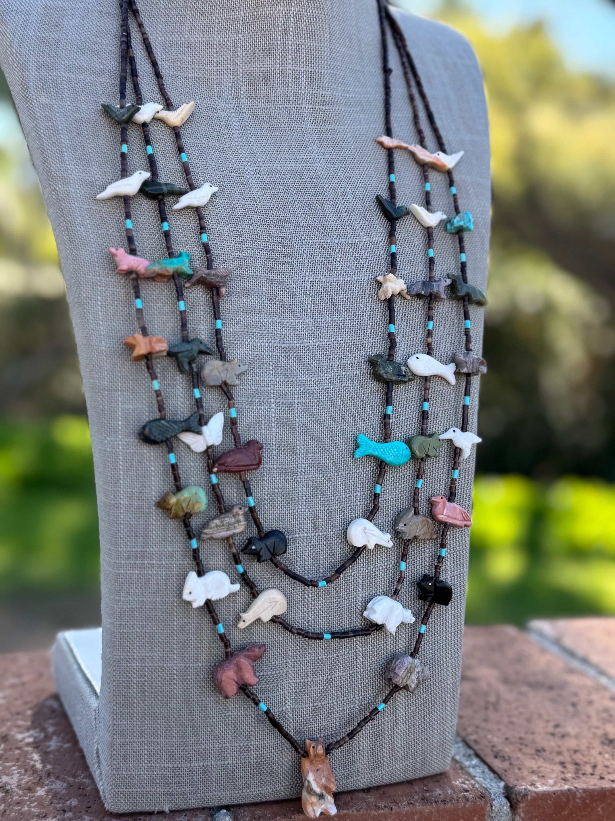 Handcrafted Sterling Silver & Beaded Fetish 3 strand Necklace 30"