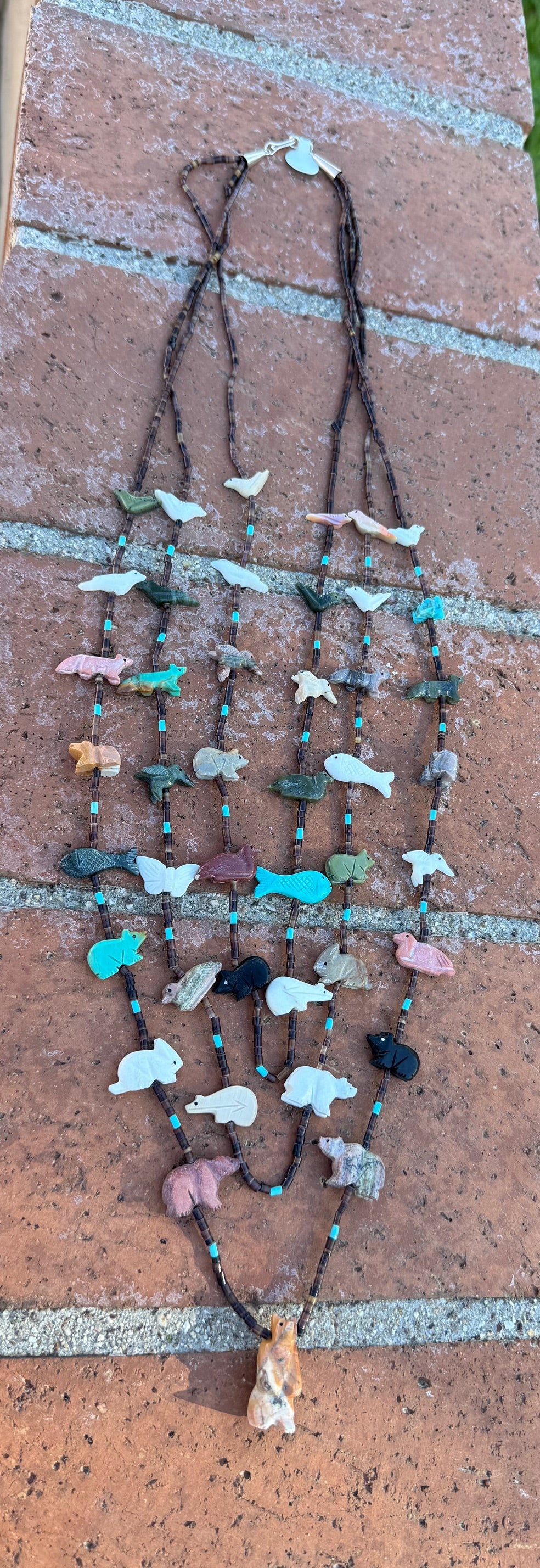 Handcrafted Sterling Silver & Beaded Fetish 3 strand Necklace 30"