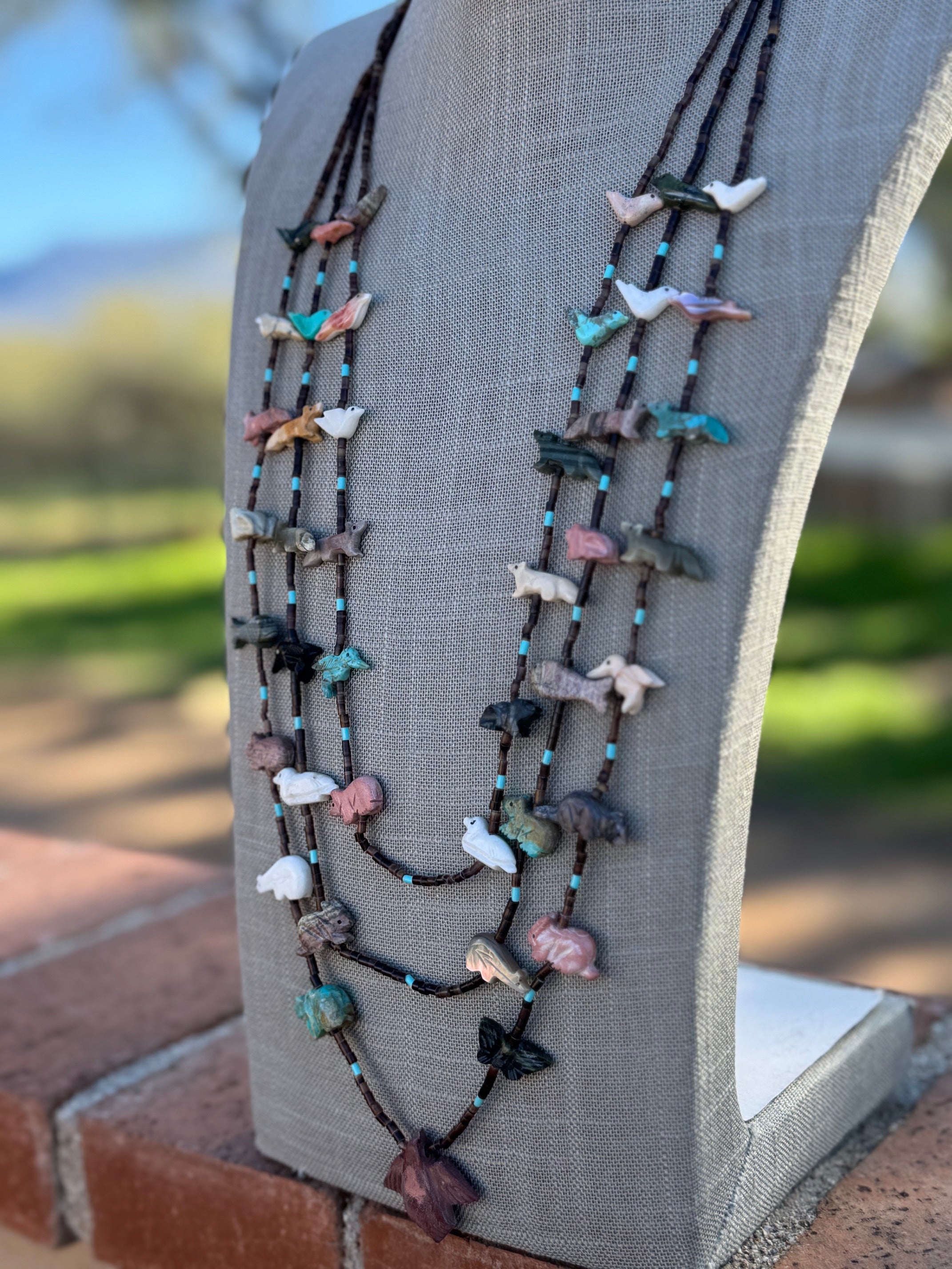 Handcrafted Sterling Silver & Beaded Fetish 3 strand Necklace 30"