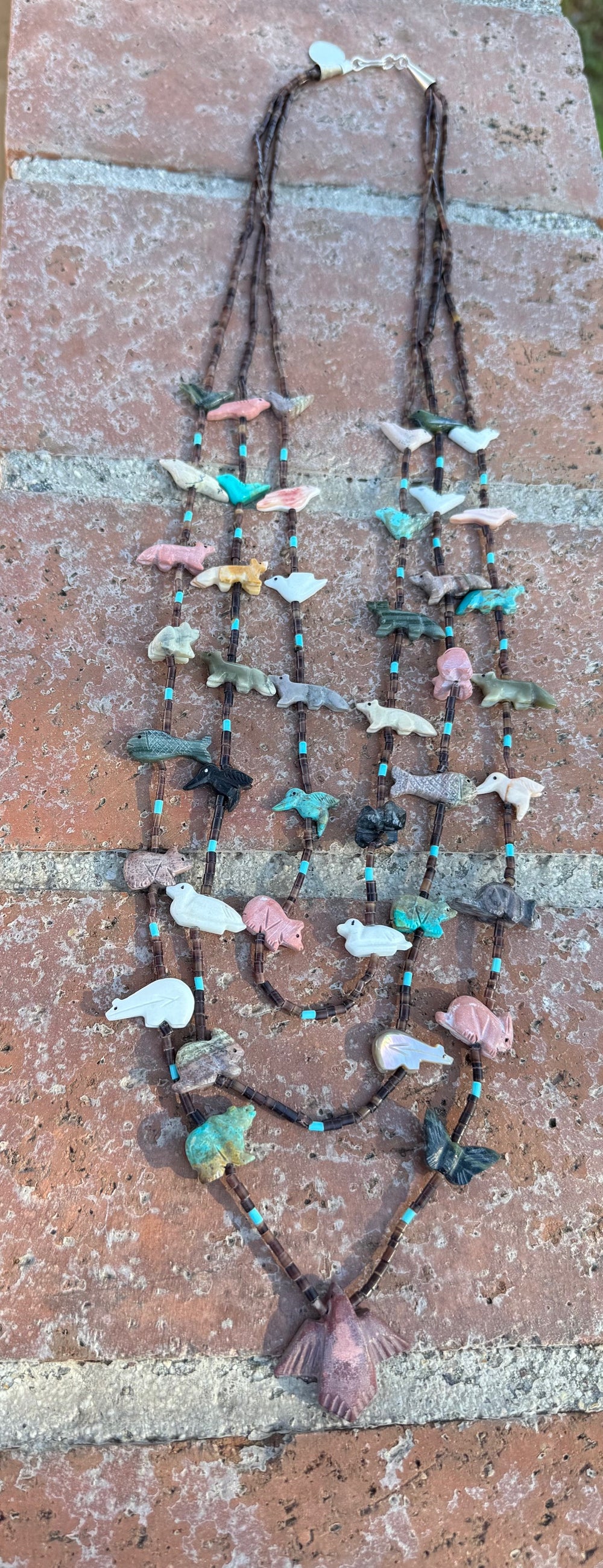 Handcrafted Sterling Silver & Beaded Fetish 3 strand Necklace 30"