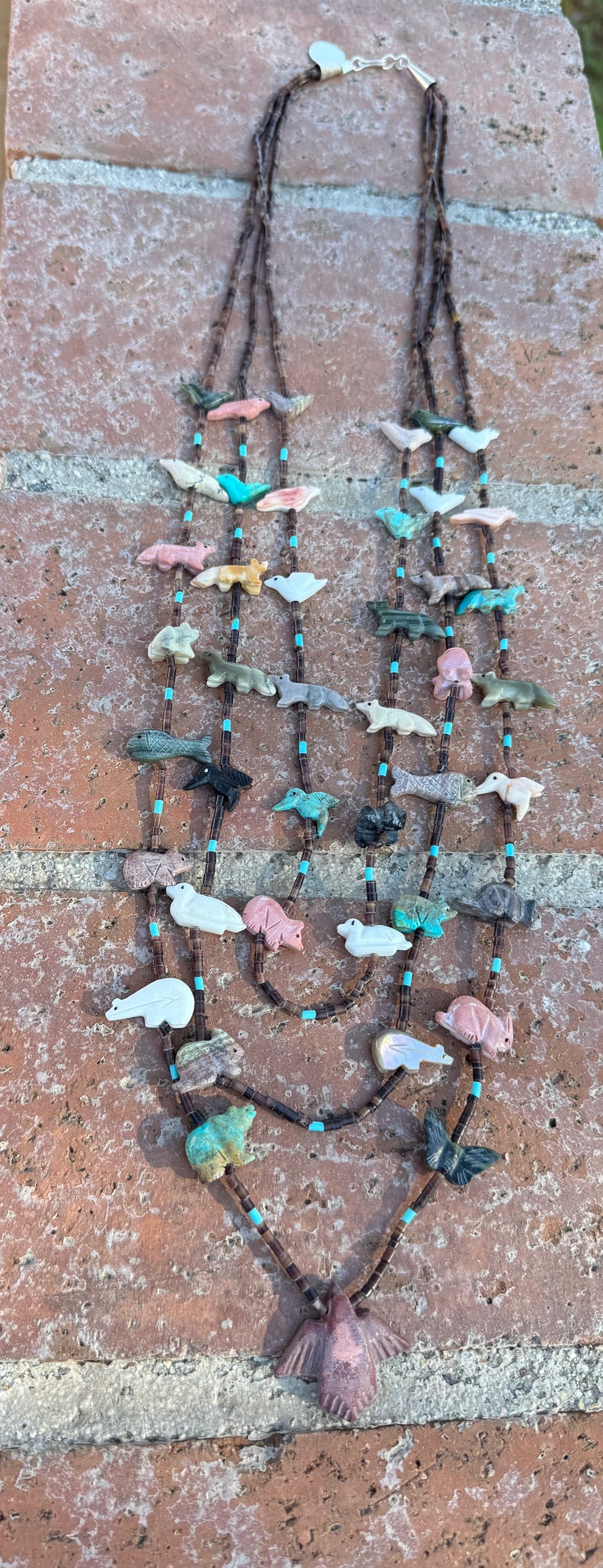 Handcrafted Sterling Silver & Beaded Fetish 3 strand Necklace 30"