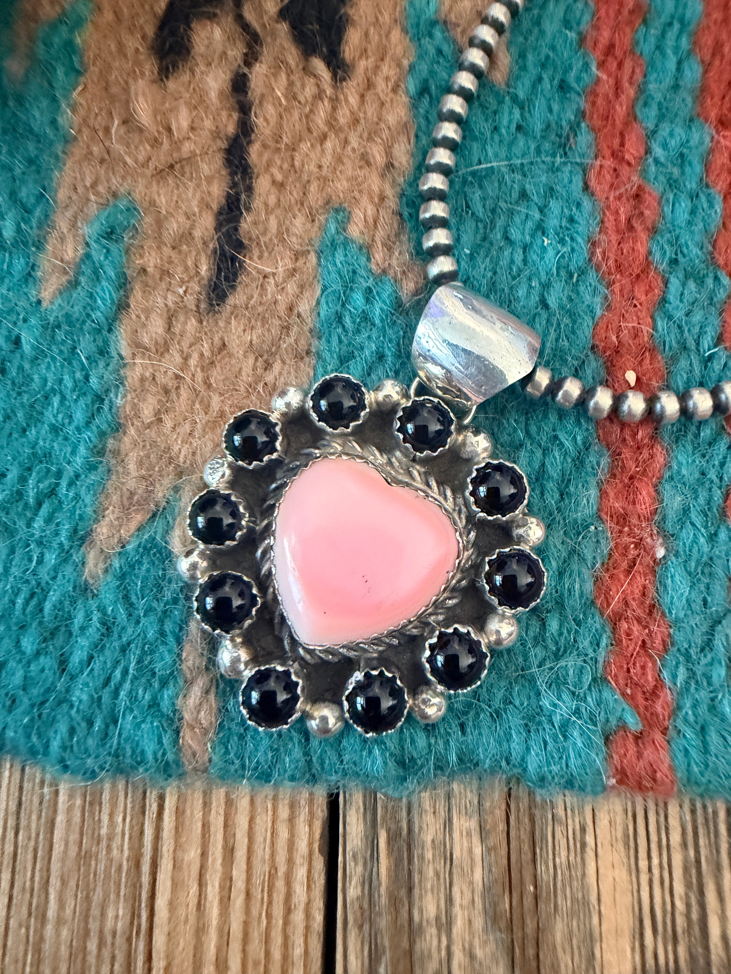 Handcrafted Sterling Silver, Queen Pink Conch & Onyx Heart Pendant by Robert Shakey