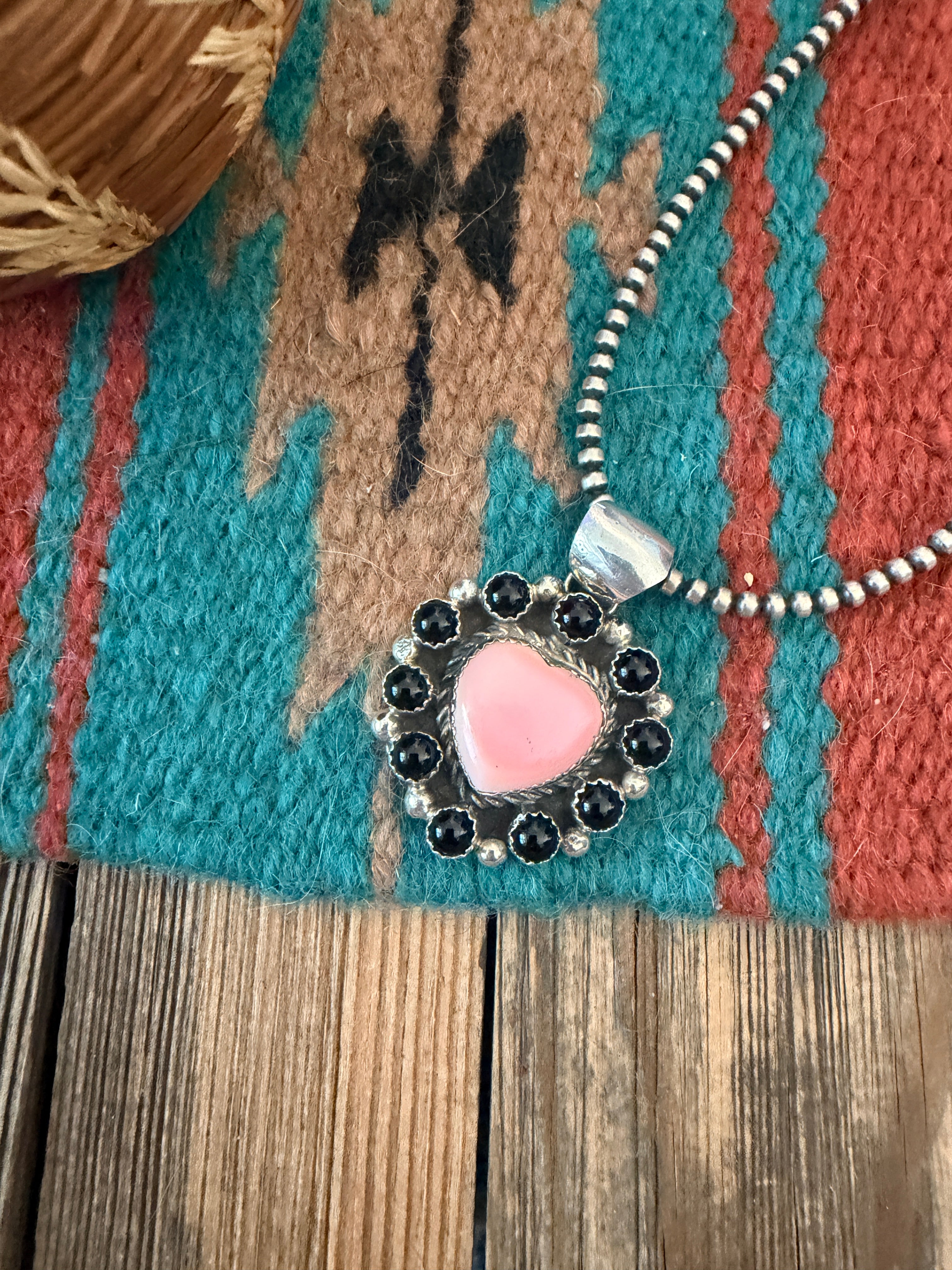 Handcrafted Sterling Silver, Queen Pink Conch & Onyx Heart Pendant by Robert Shakey