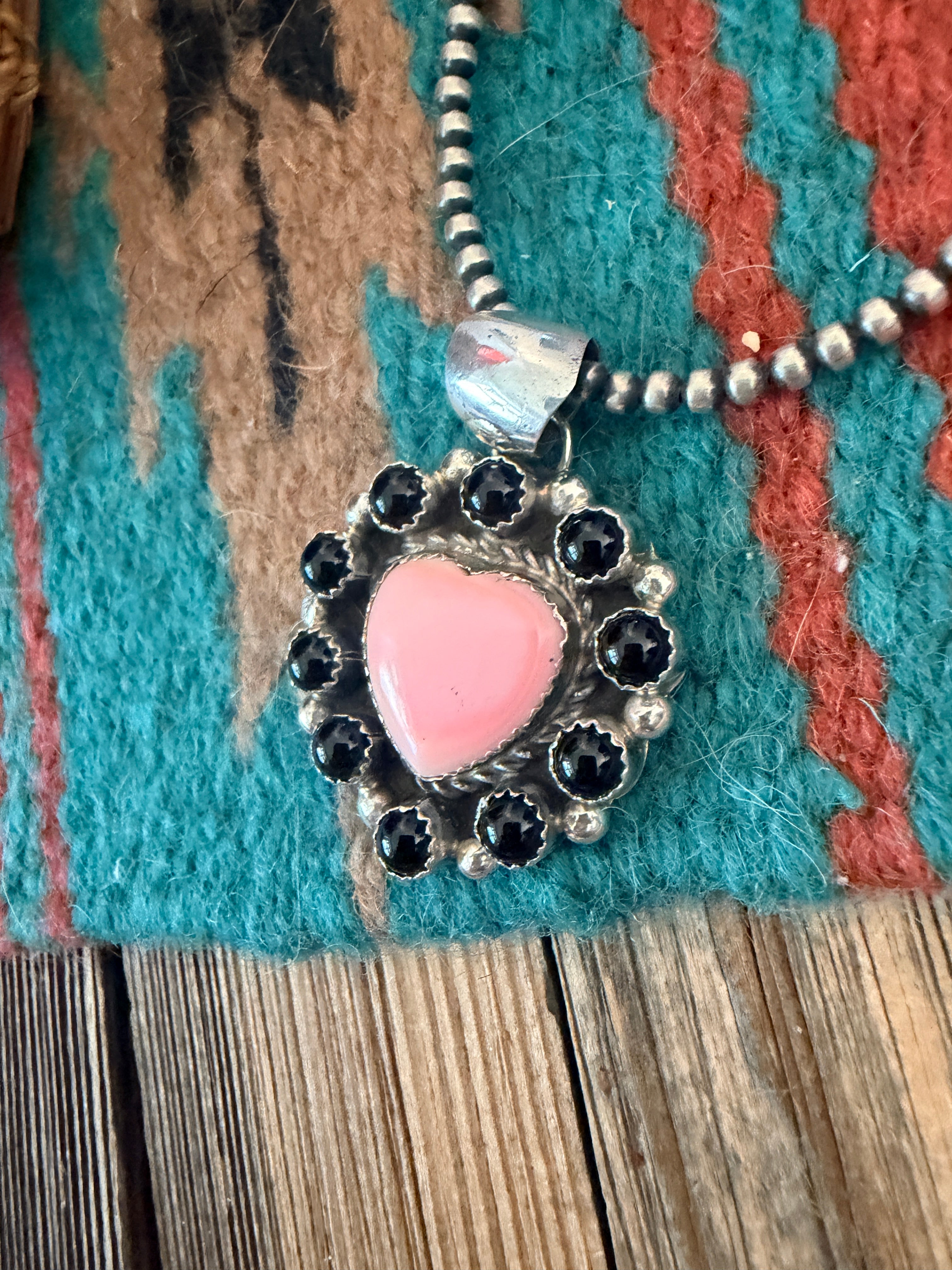 Handcrafted Sterling Silver, Queen Pink Conch & Onyx Heart Pendant by Robert Shakey