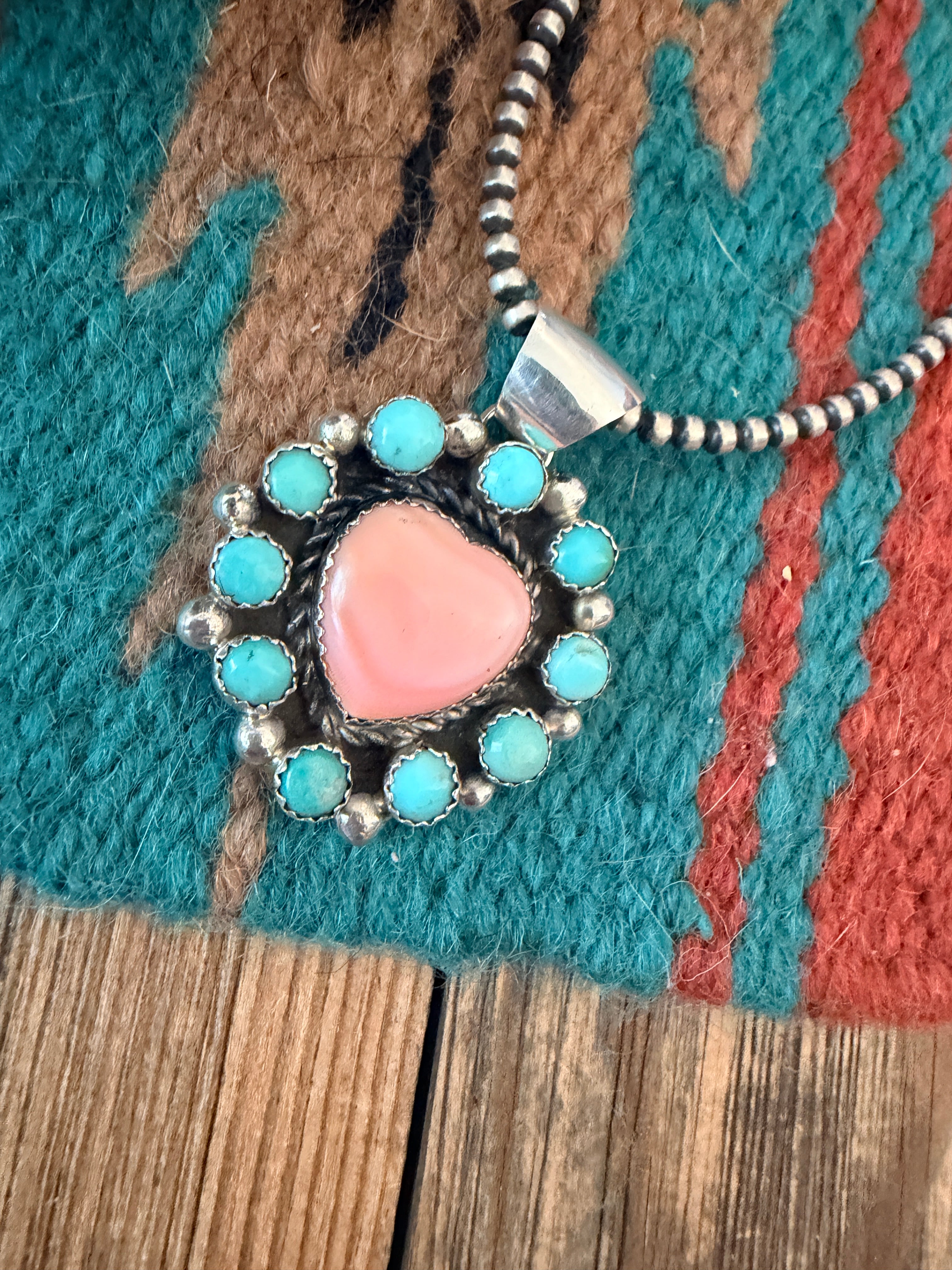 Handcrafted Sterling Silver, Queen Pink Conch & Turquoise Heart Pendant by Robert Shakey