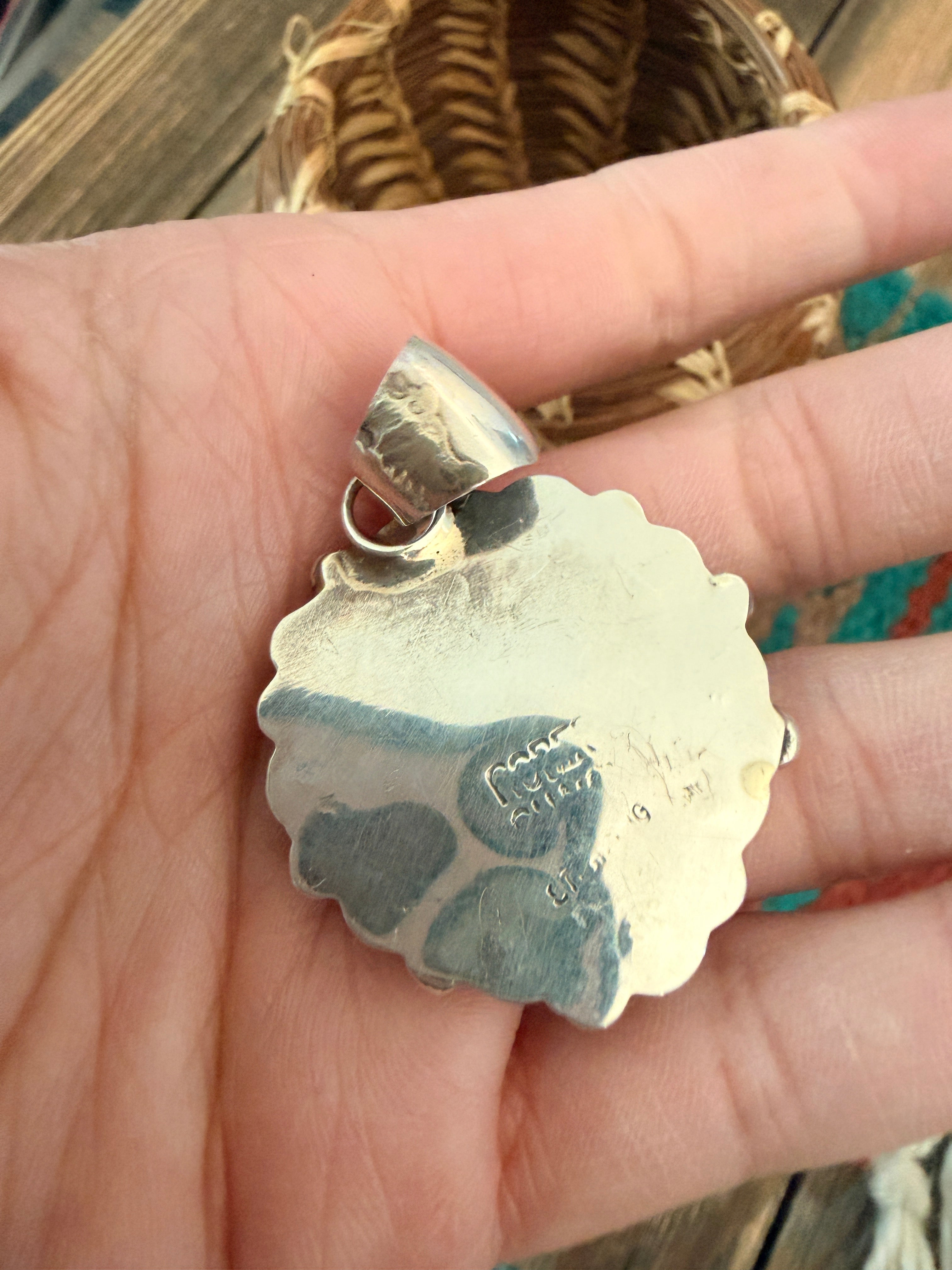 Handcrafted Sterling Silver, Queen Pink Conch & Turquoise Heart Pendant by Robert Shakey