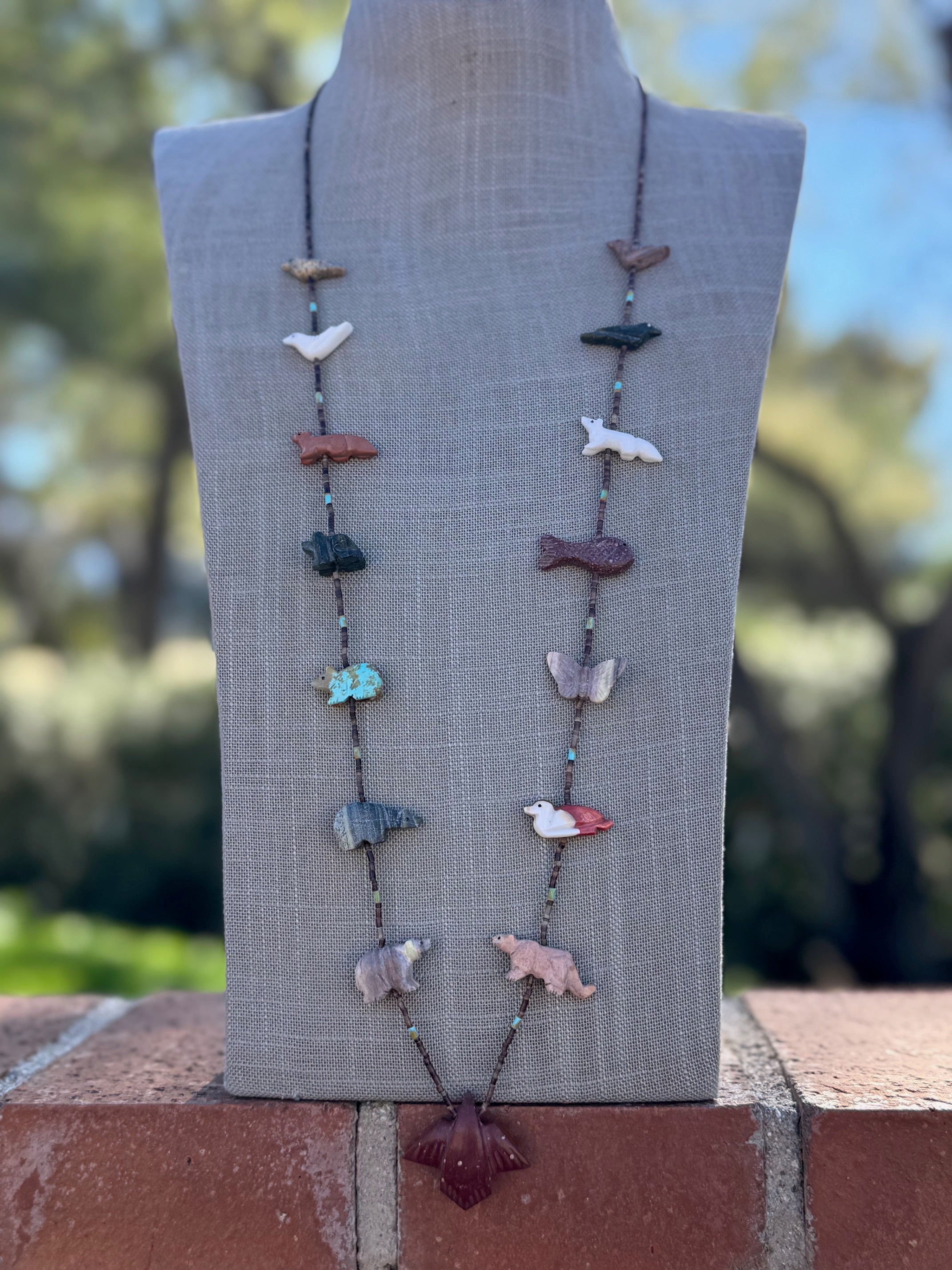 Handcrafted Sterling Silver & Beaded Fetish Necklace 34"