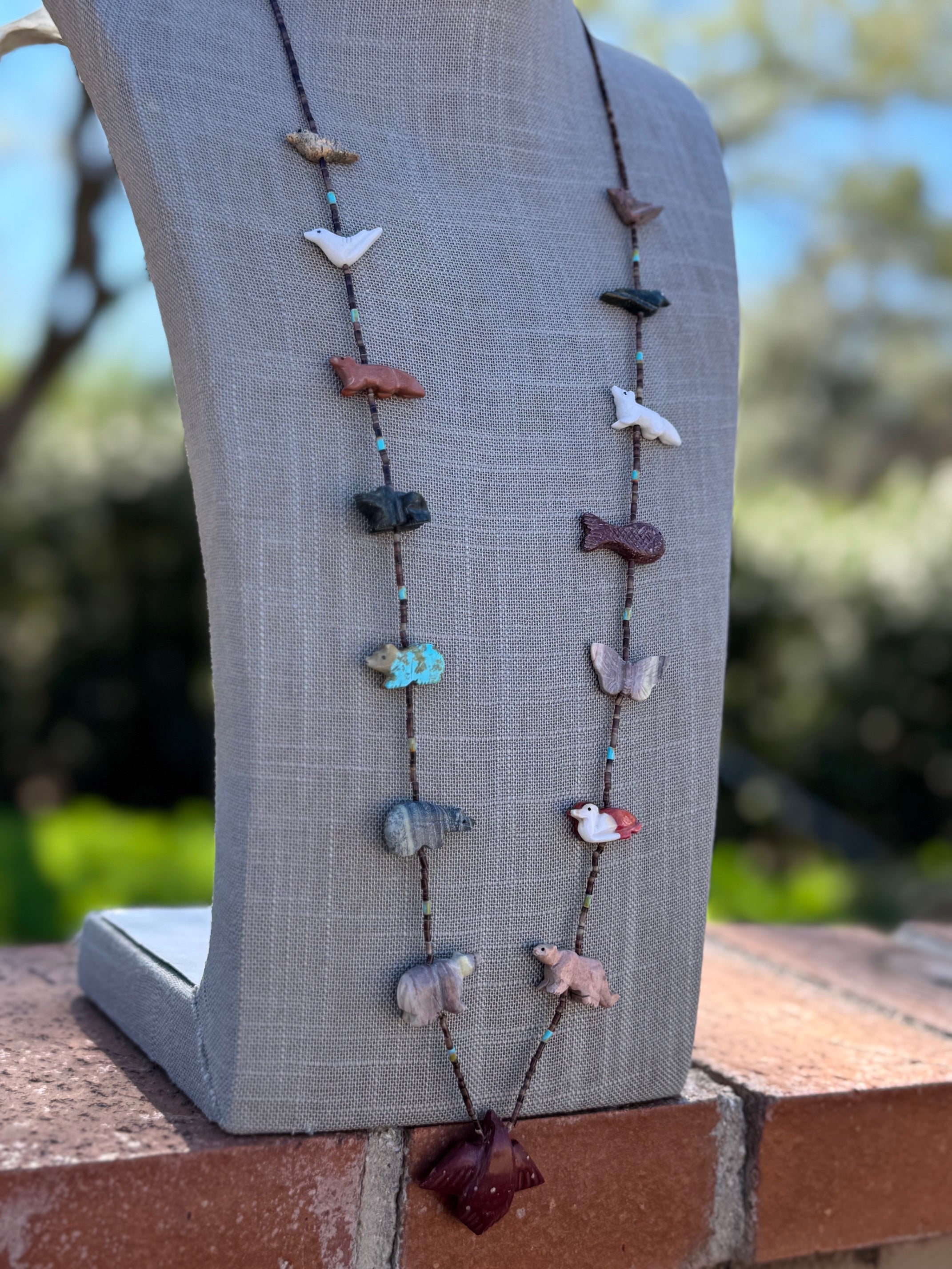 Handcrafted Sterling Silver & Beaded Fetish Necklace 34"