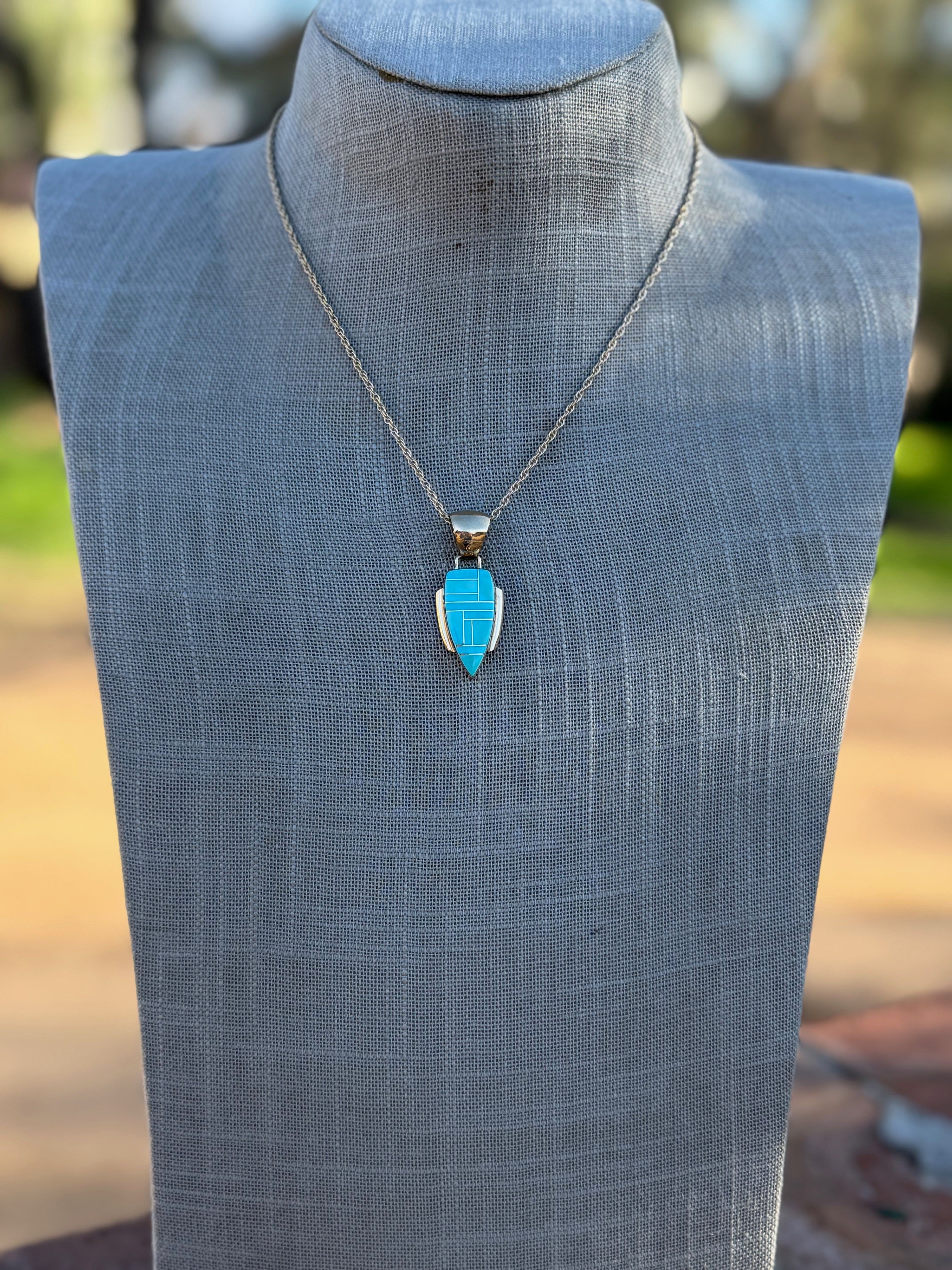 Handmade Gold Filled Over Sterling Silver & Turquoise Inlay Pendant Necklace 16"