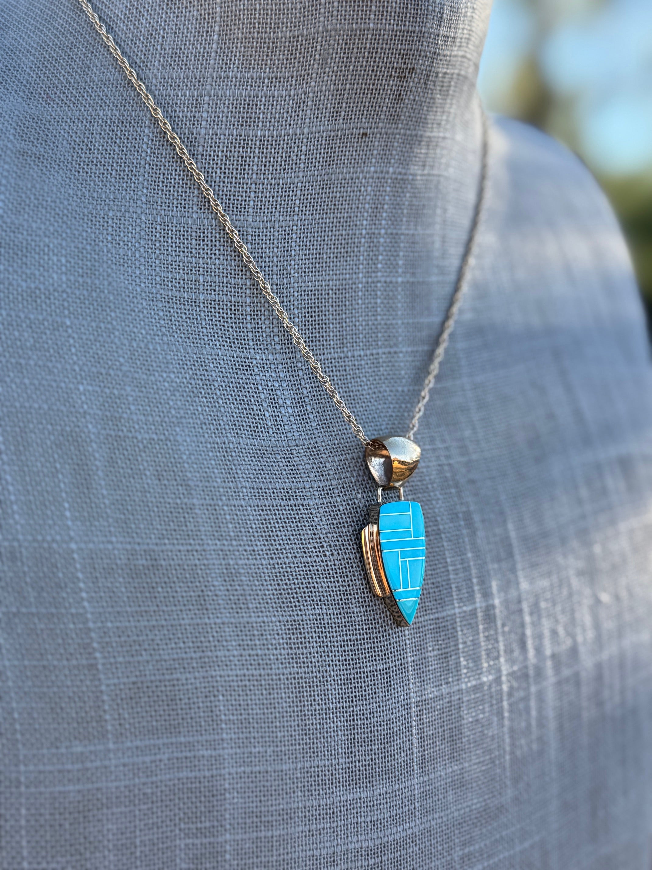 Handmade Gold Filled Over Sterling Silver & Turquoise Inlay Pendant Necklace 16"