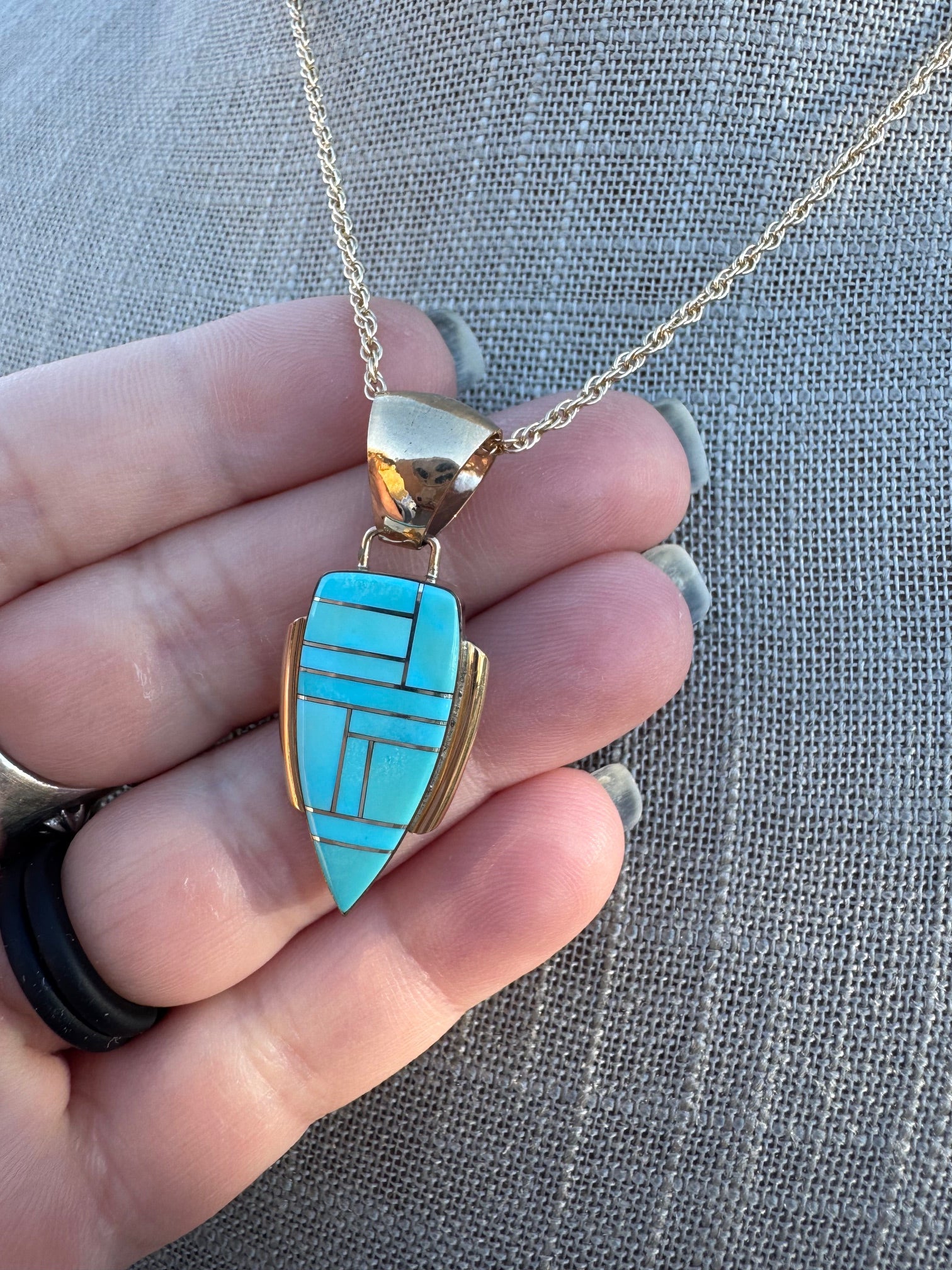 Handmade Gold Filled Over Sterling Silver & Turquoise Inlay Pendant Necklace 16"