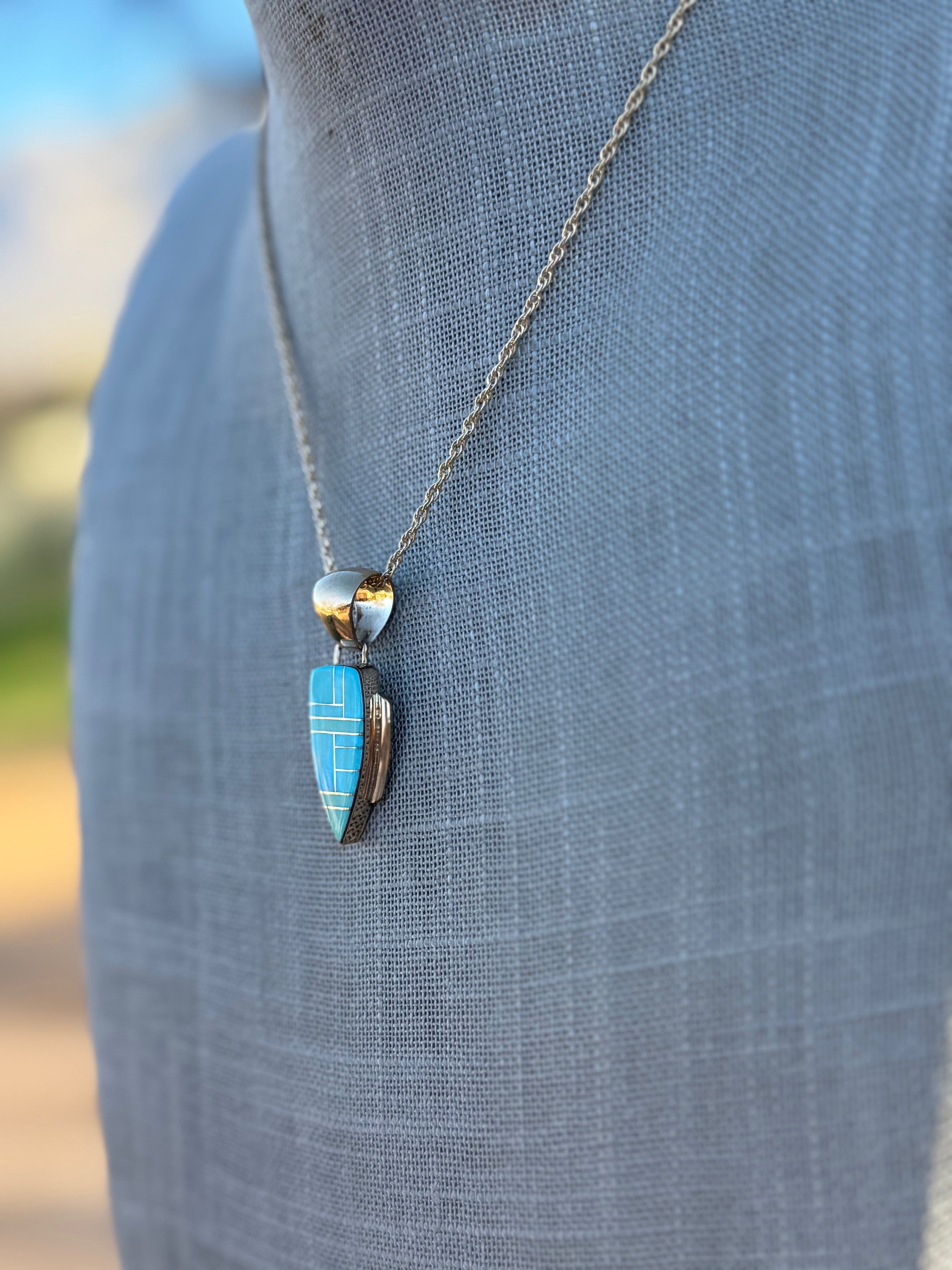 Handmade Gold Filled Over Sterling Silver & Turquoise Inlay Pendant Necklace 16"