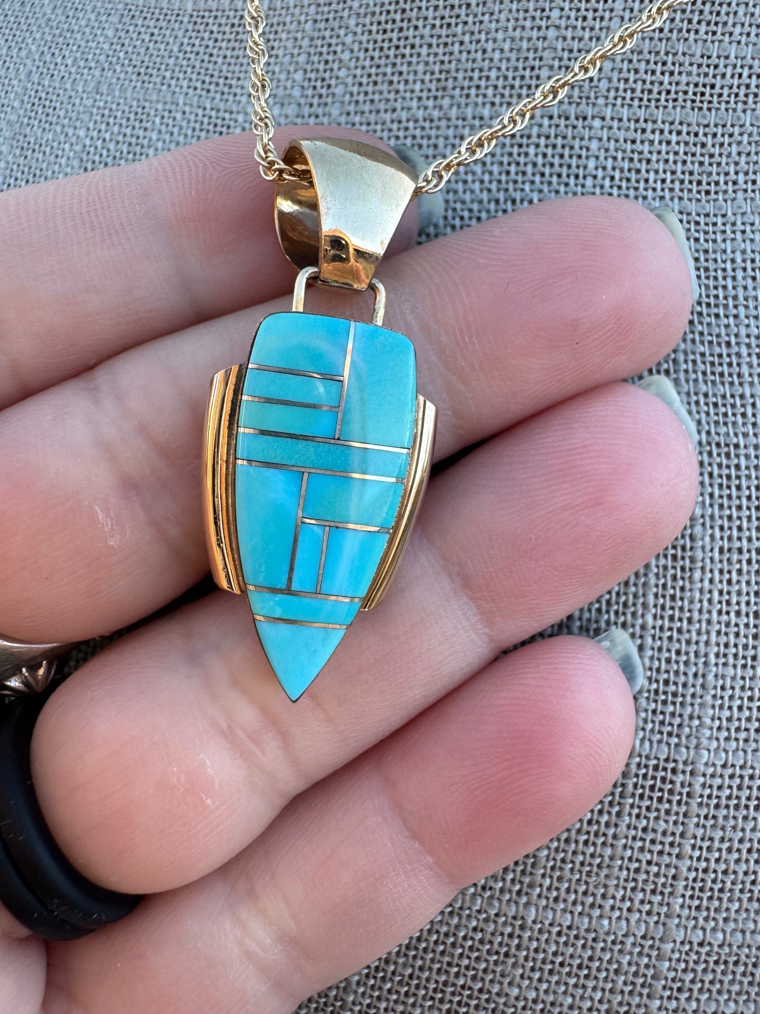 Handmade Gold Filled Over Sterling Silver & Turquoise Inlay Pendant Necklace 16"