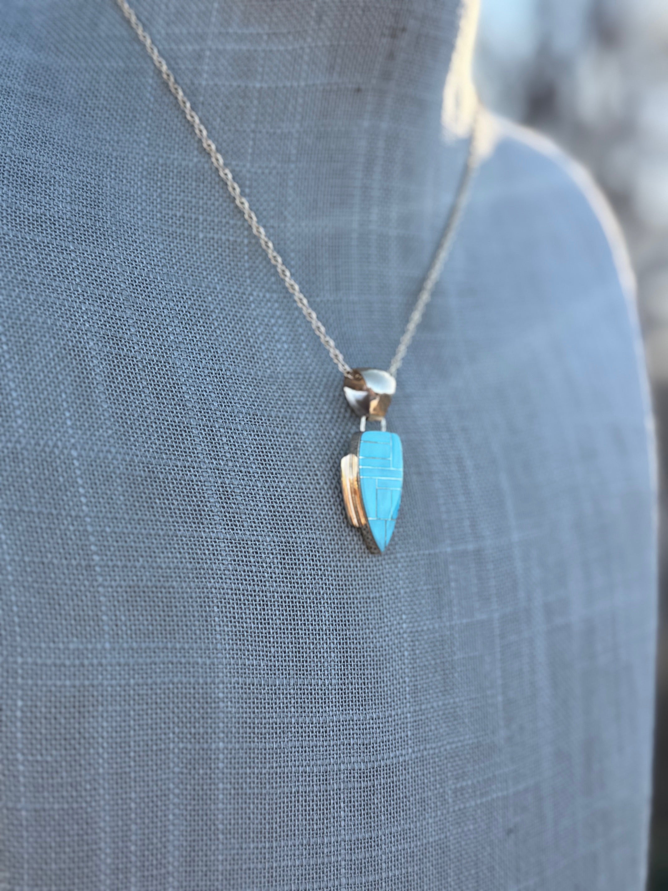 Handmade Gold Filled Over Sterling Silver & Turquoise Inlay Pendant Necklace 16"