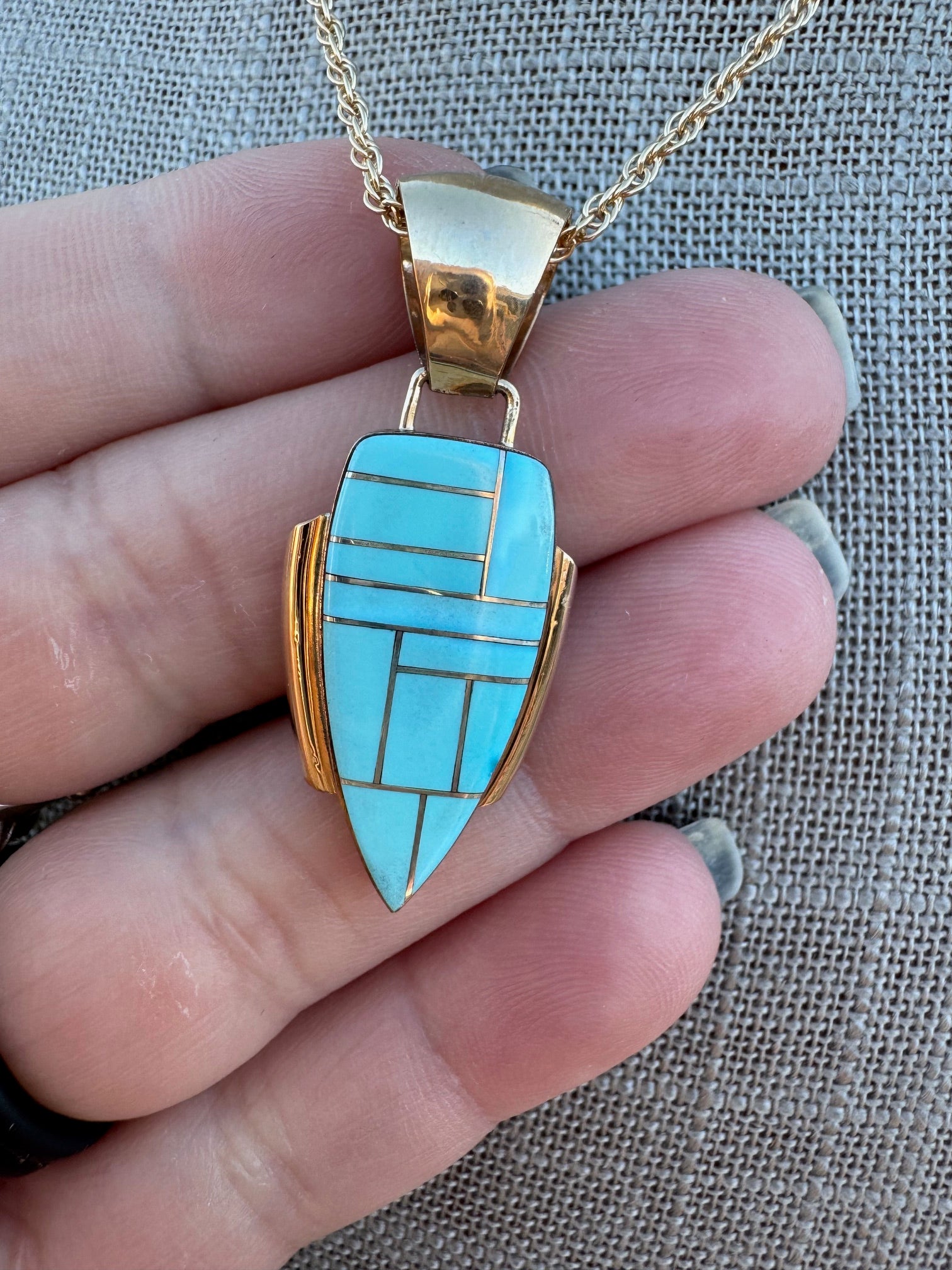 Handmade Gold Filled Over Sterling Silver & Turquoise Inlay Pendant Necklace 16"