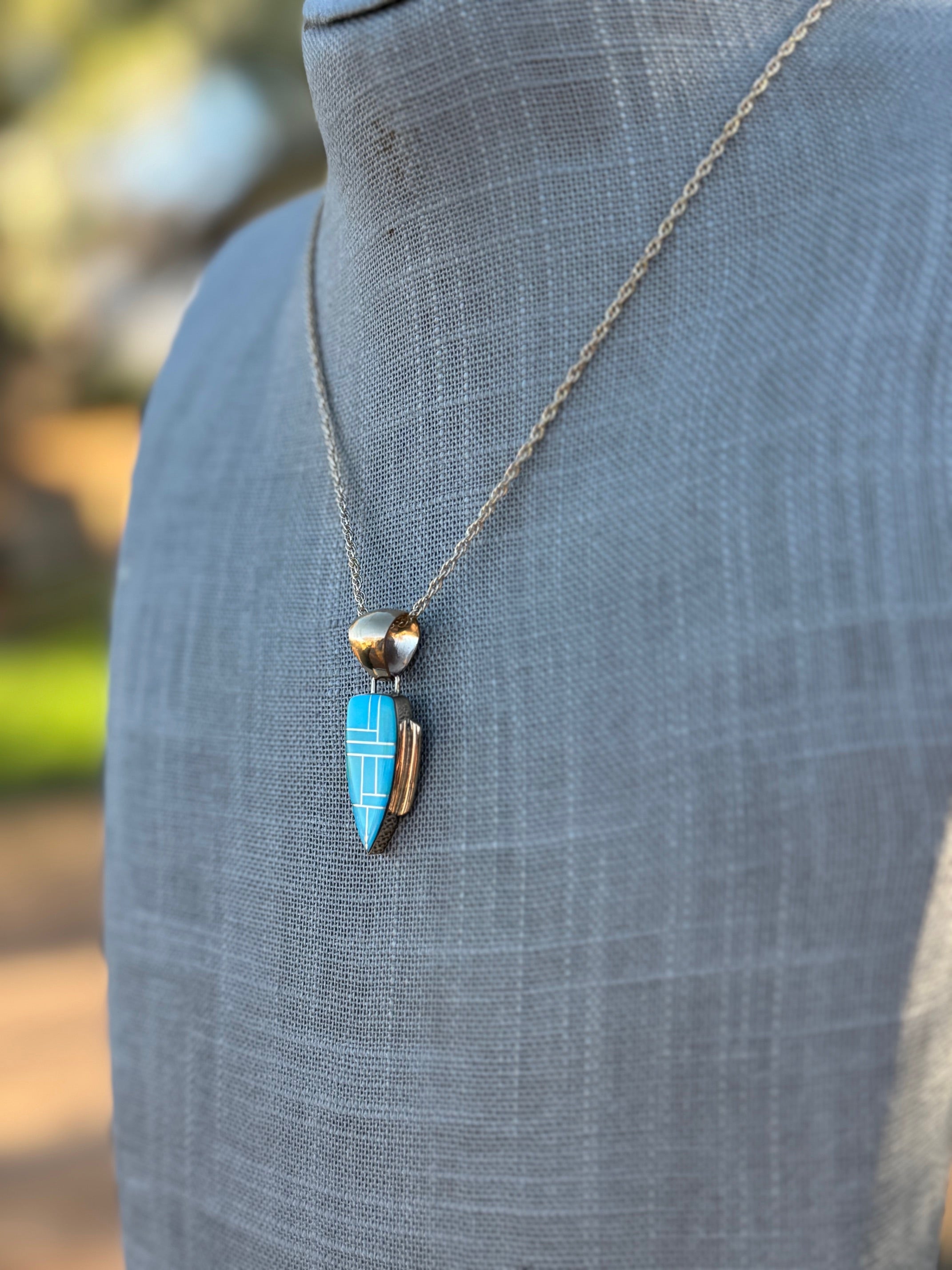 Handmade Gold Filled Over Sterling Silver & Turquoise Inlay Pendant Necklace 16"