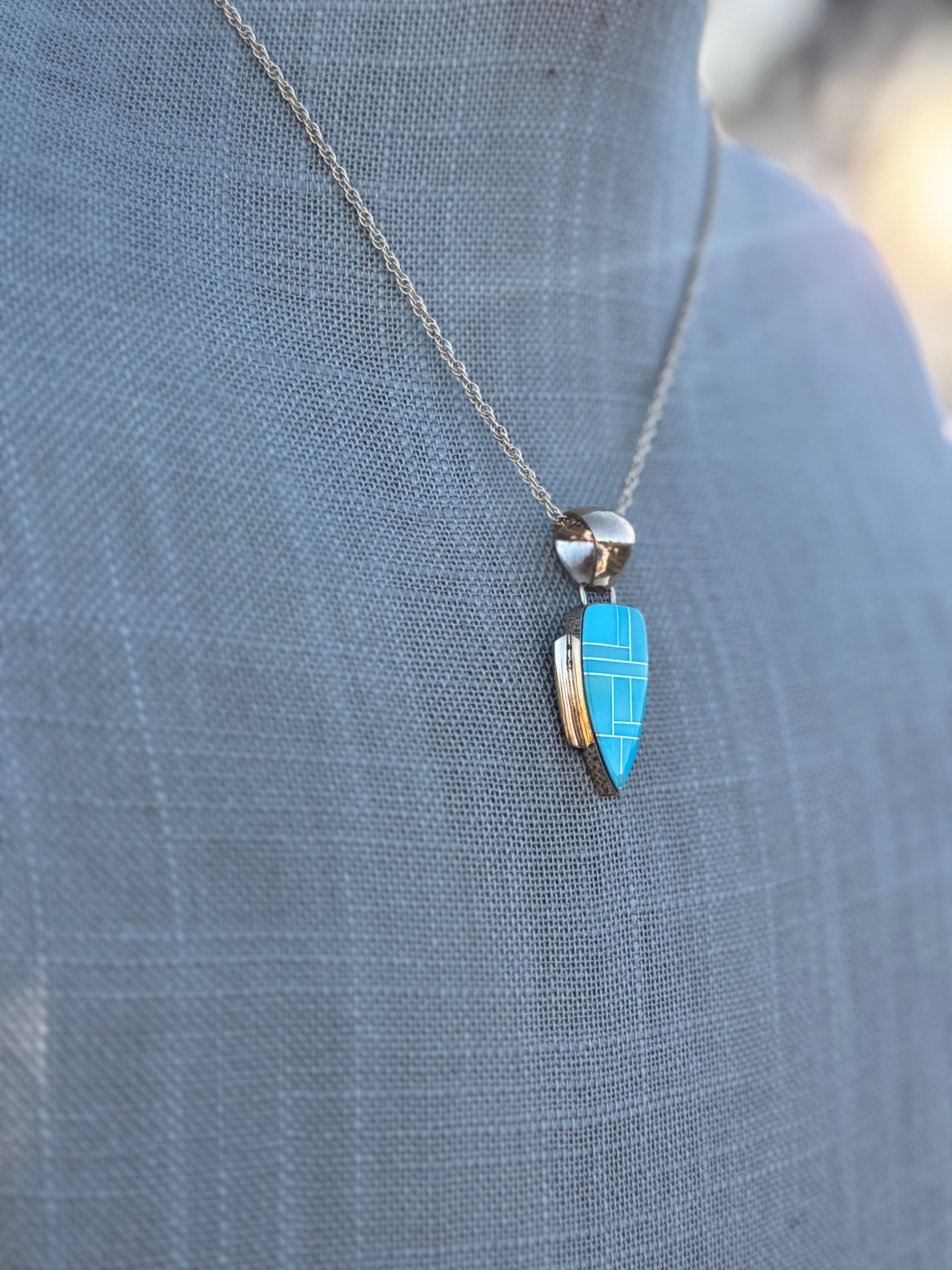 Handmade Gold Filled Over Sterling Silver & Turquoise Inlay Pendant Necklace 16"