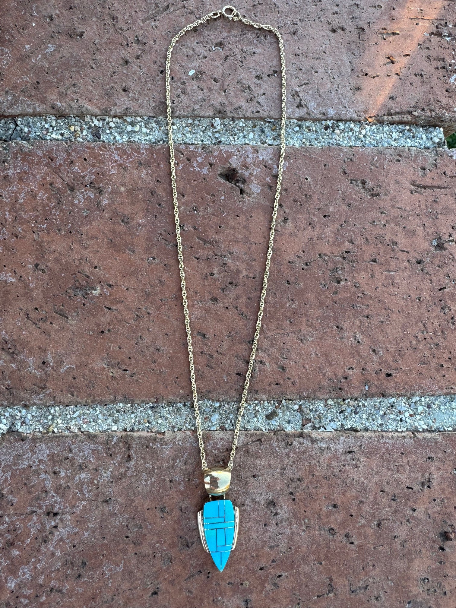 Handmade Gold Filled Over Sterling Silver & Turquoise Inlay Pendant Necklace 16"
