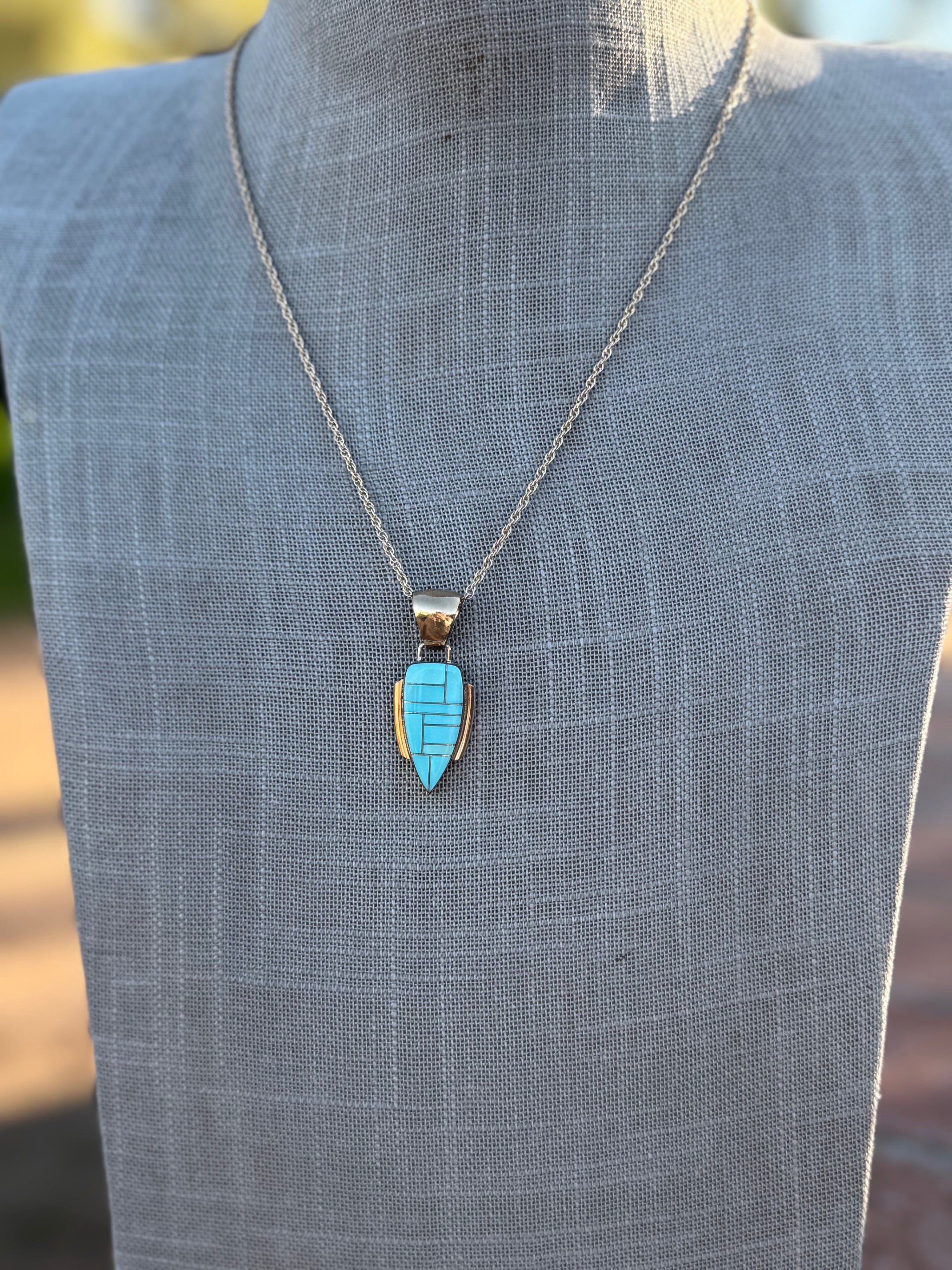 Handmade Gold Filled Over Sterling Silver & Turquoise Inlay Pendant Necklace 18"