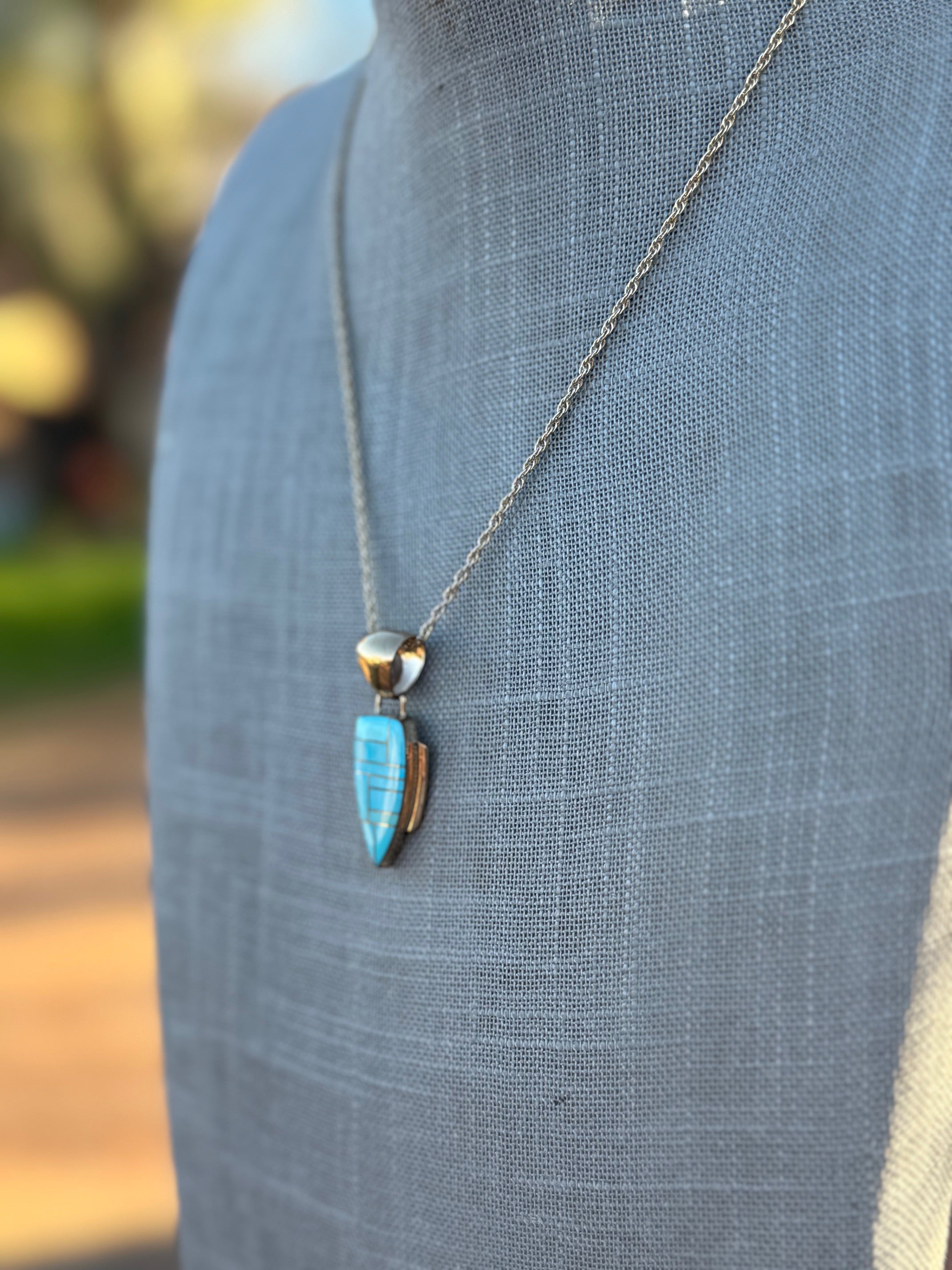 Handmade Gold Filled Over Sterling Silver & Turquoise Inlay Pendant Necklace 18"