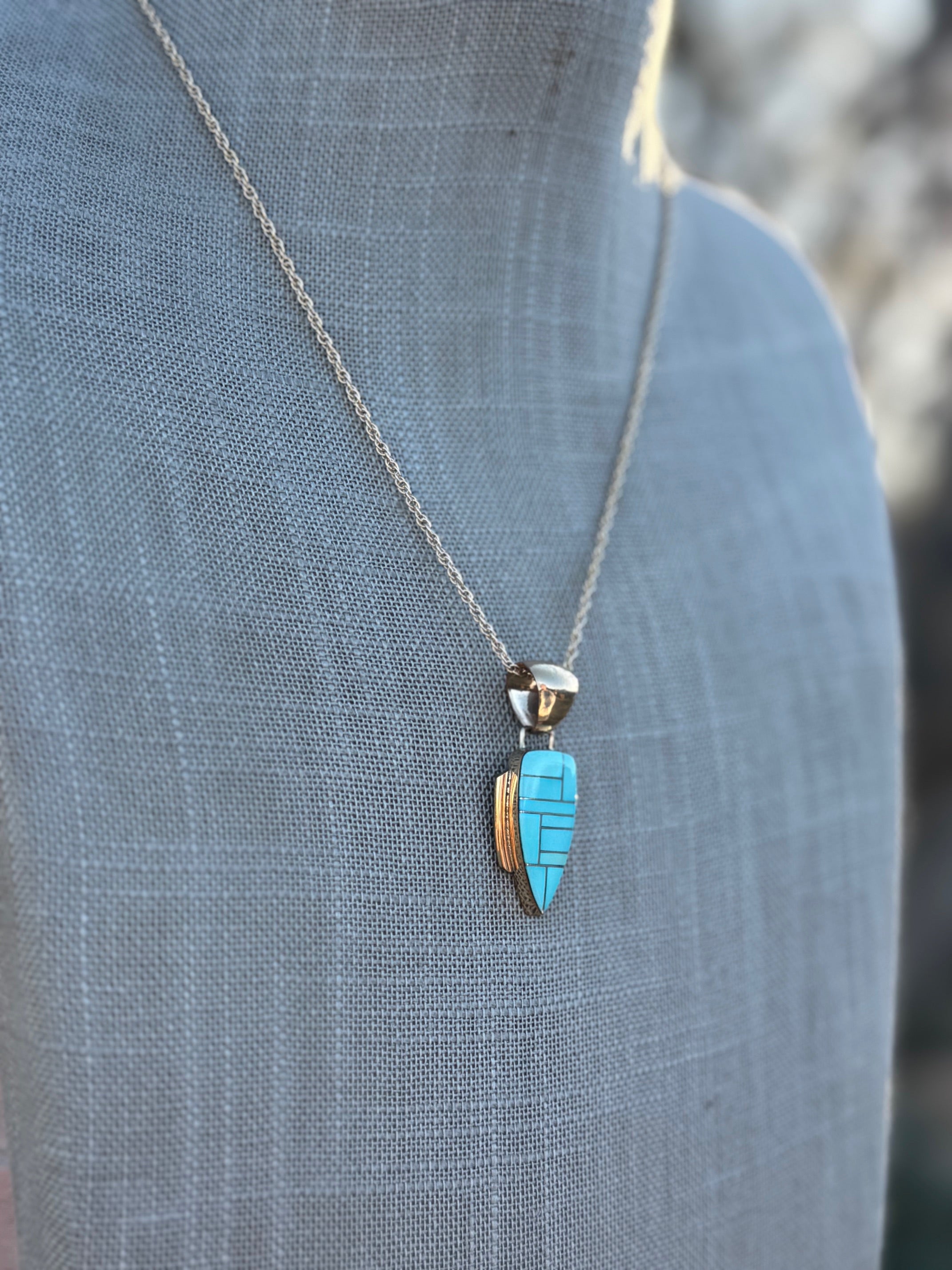 Handmade Gold Filled Over Sterling Silver & Turquoise Inlay Pendant Necklace 18"
