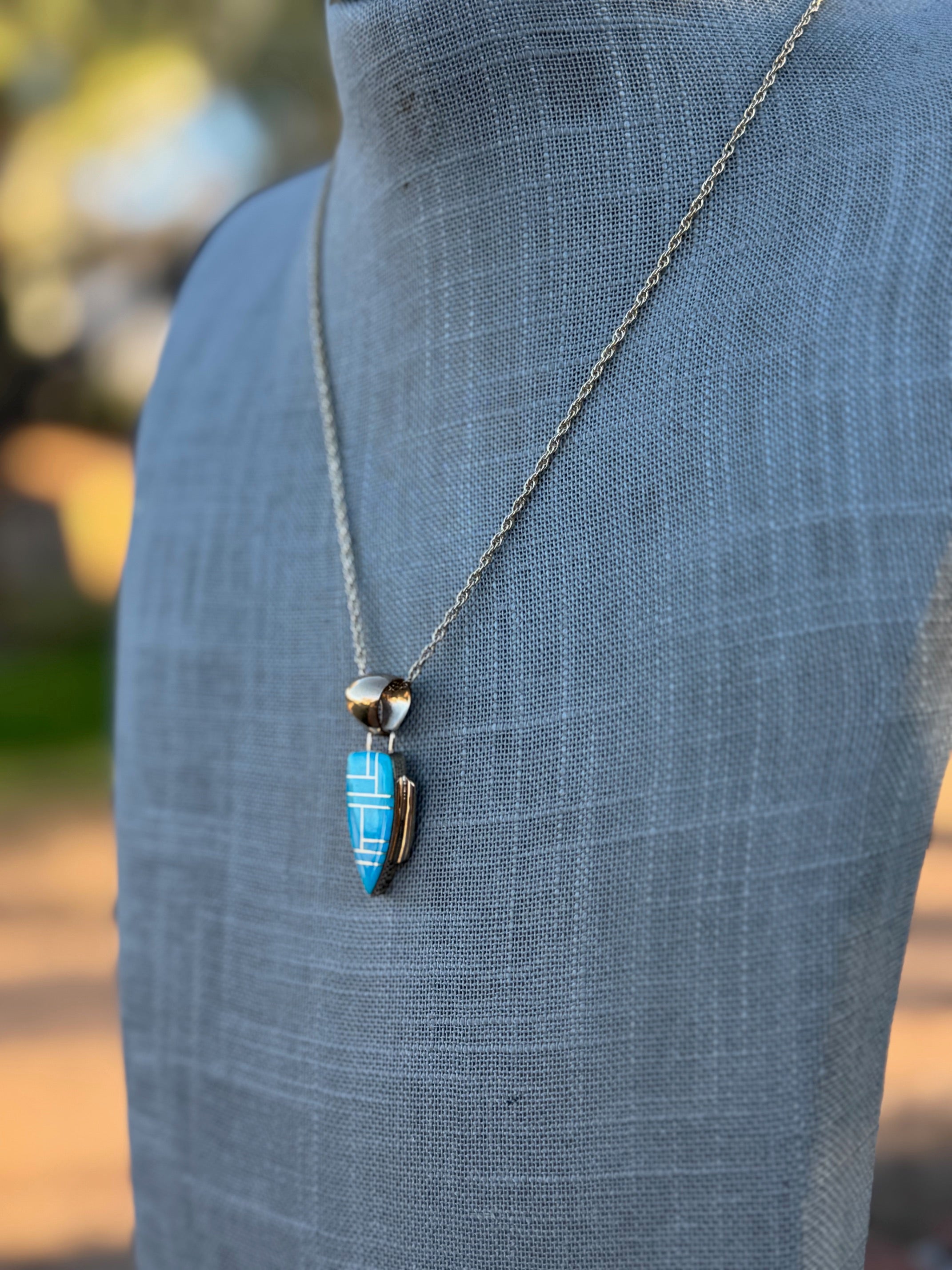 Handmade Gold Filled Over Sterling Silver & Turquoise Inlay Pendant Necklace 18"