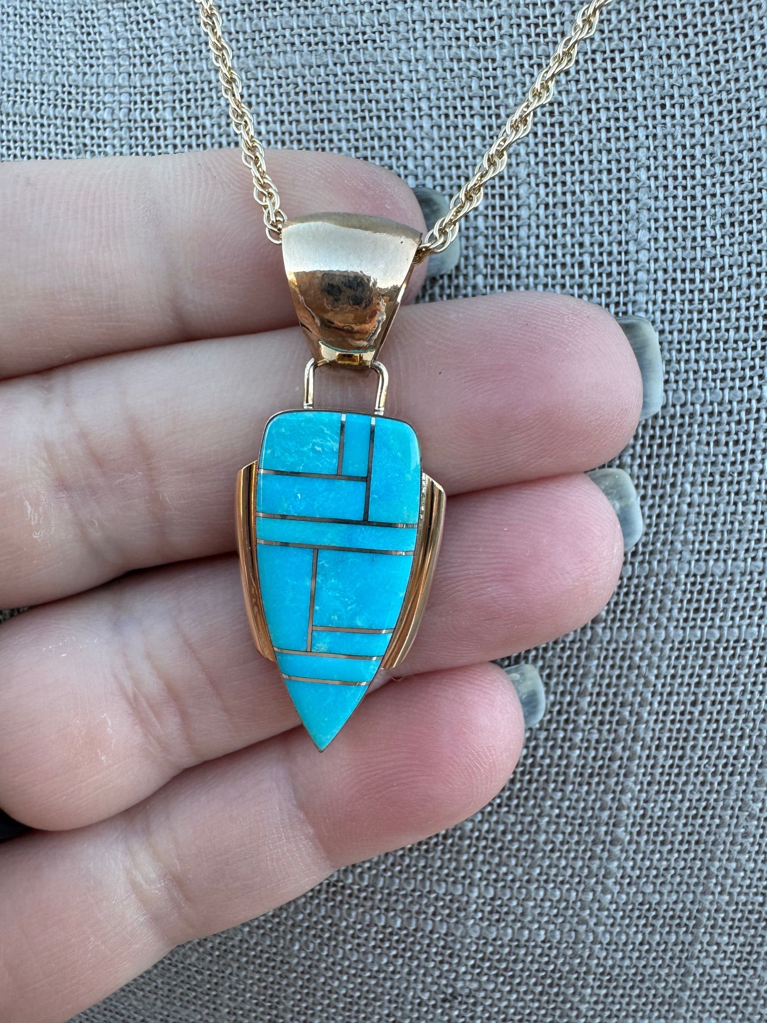 Handmade Gold Filled Over Sterling Silver & Turquoise Inlay Pendant Necklace 18"