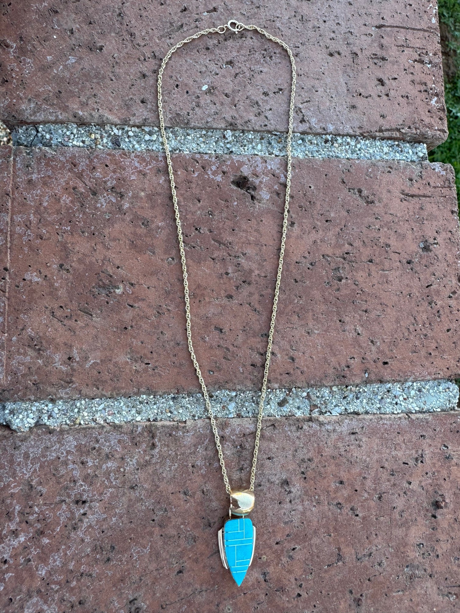 Handmade Gold Filled Over Sterling Silver & Turquoise Inlay Pendant Necklace 18"