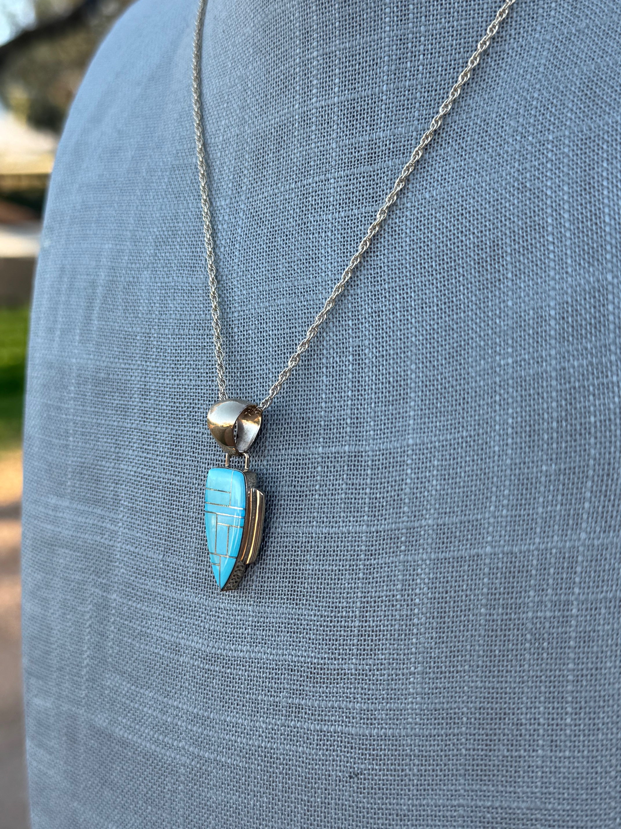 Handmade Gold Filled Over Sterling Silver & Turquoise Inlay Pendant Necklace 18"