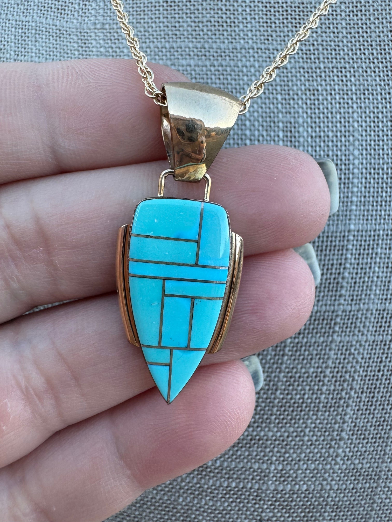 Handmade Gold Filled Over Sterling Silver & Turquoise Inlay Pendant Necklace 18"