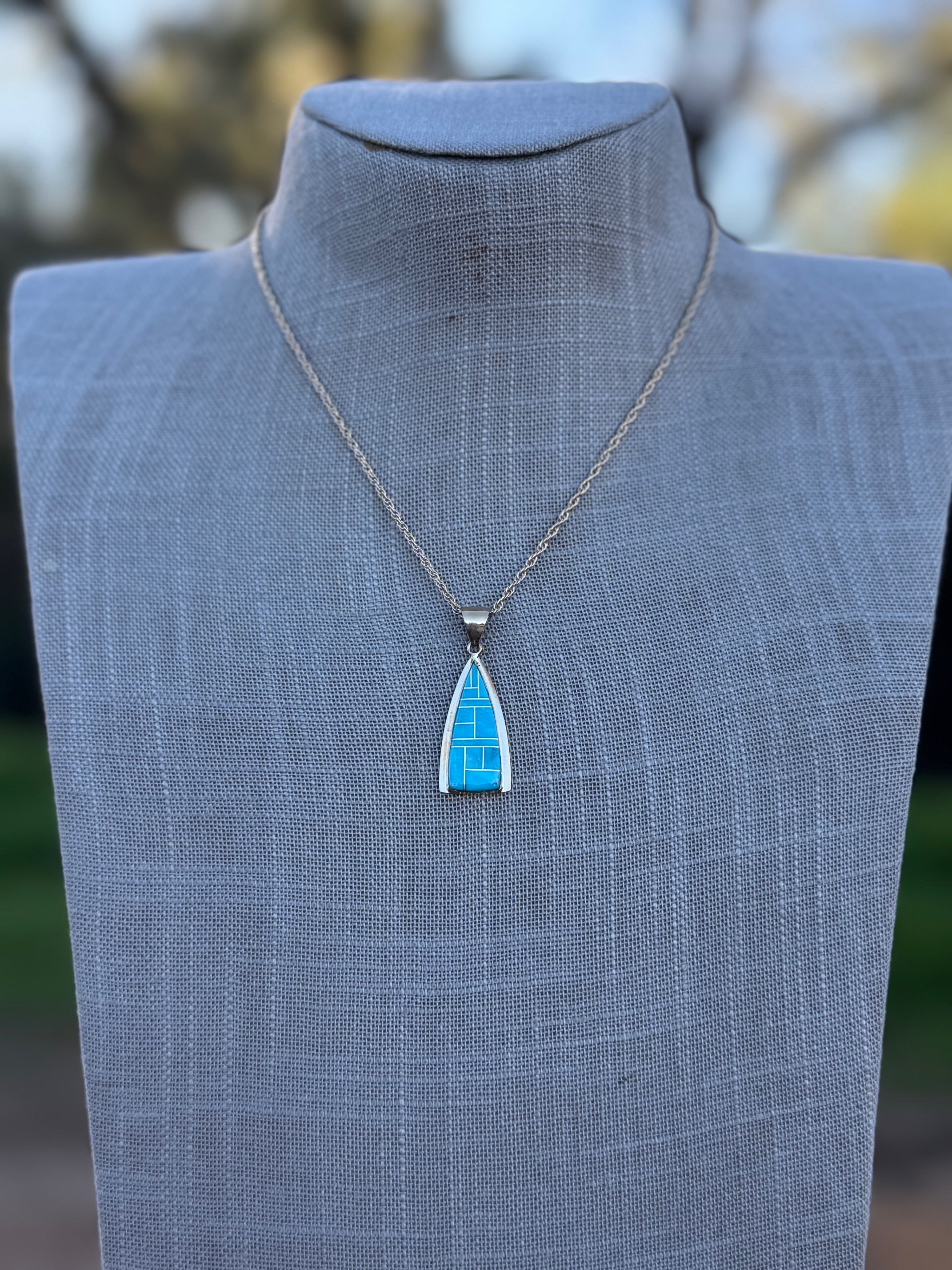 Handmade Gold Filled Over Sterling Silver & Turquoise Inlay Pendant Necklace 16"