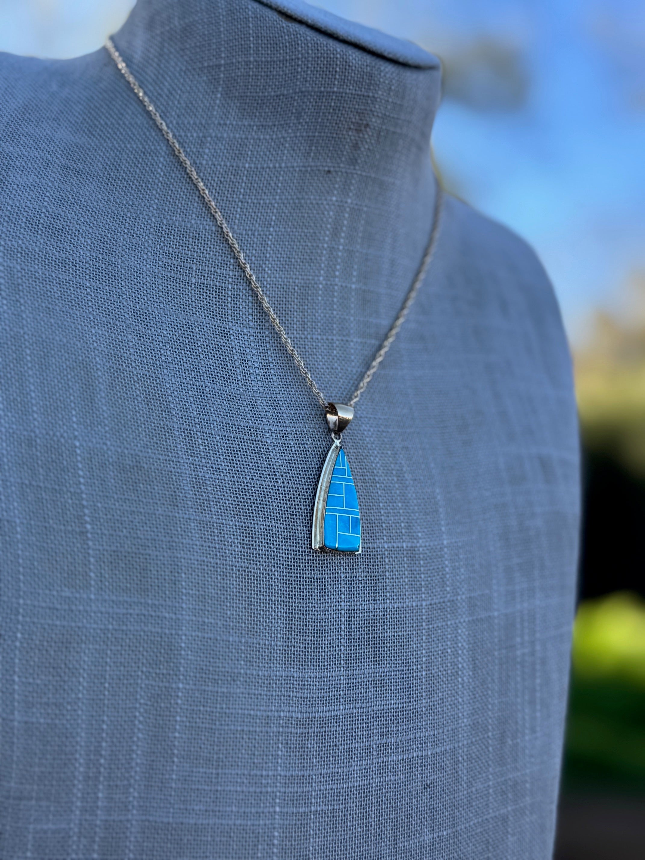 Handmade Gold Filled Over Sterling Silver & Turquoise Inlay Pendant Necklace 16"