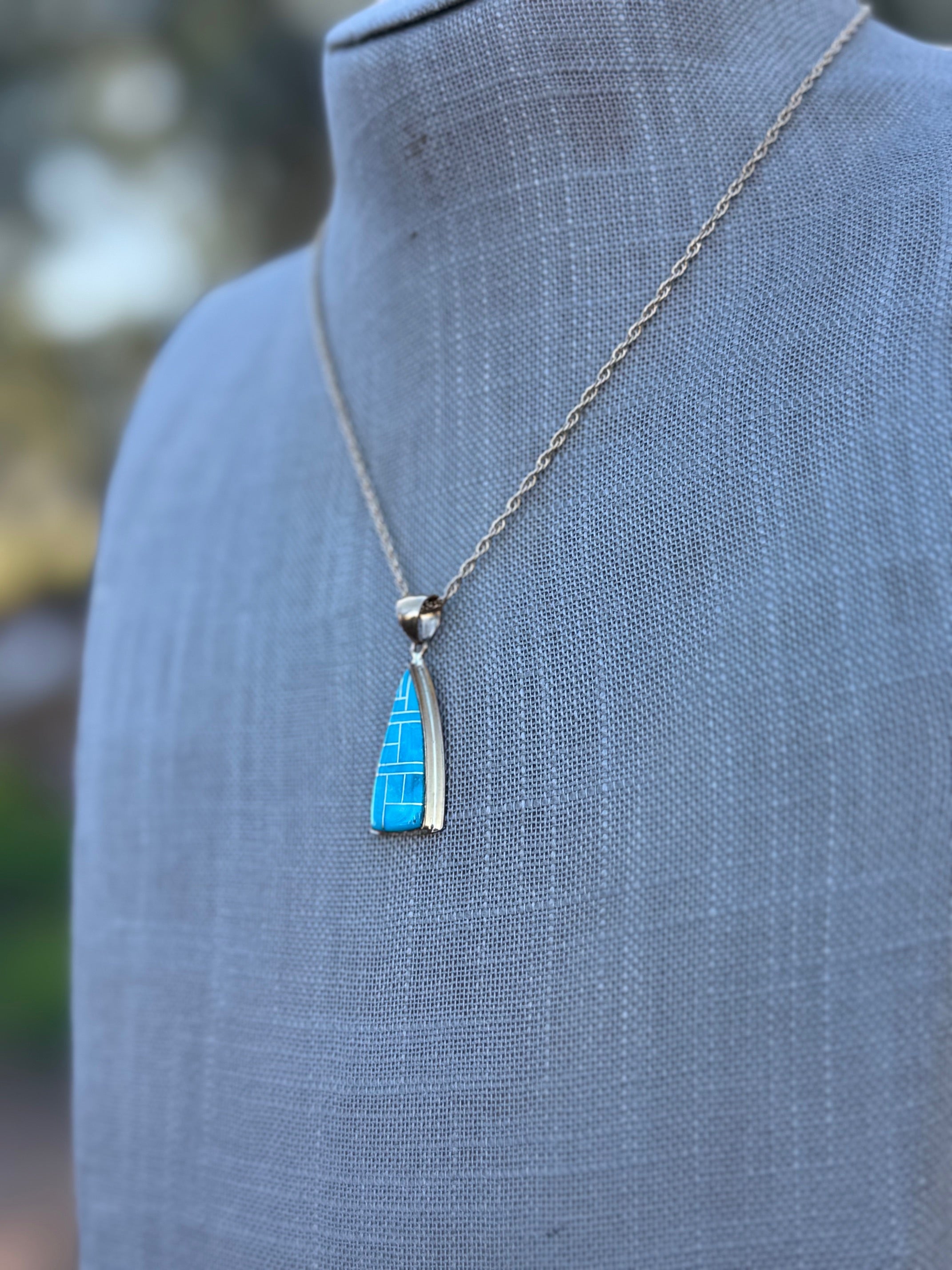 Handmade Gold Filled Over Sterling Silver & Turquoise Inlay Pendant Necklace 16"