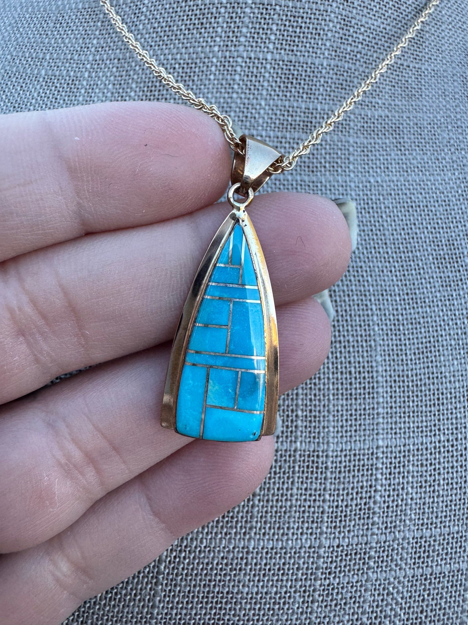 Handmade Gold Filled Over Sterling Silver & Turquoise Inlay Pendant Necklace 16"