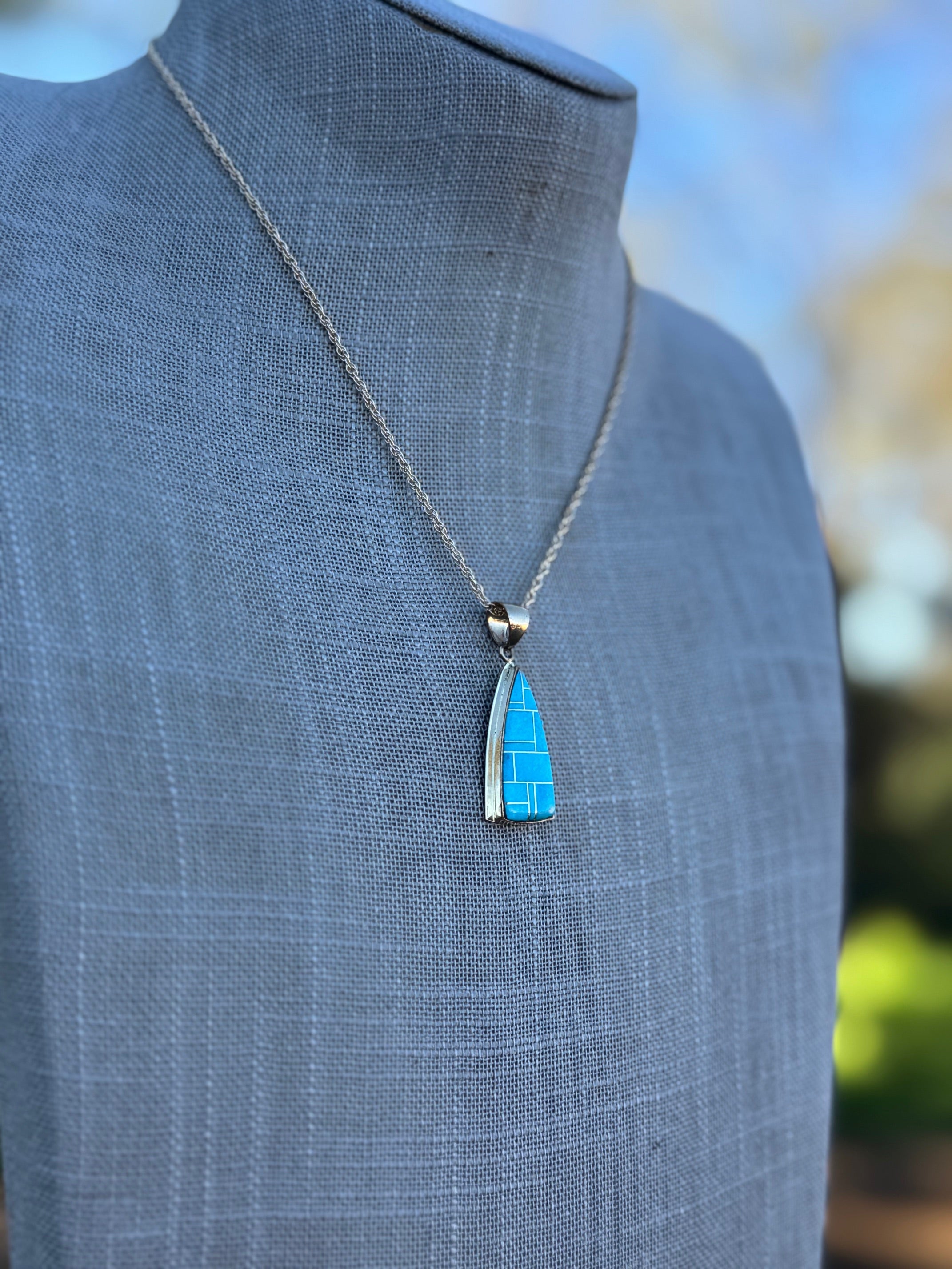 Handmade Gold Filled Over Sterling Silver & Turquoise Inlay Pendant Necklace 16"