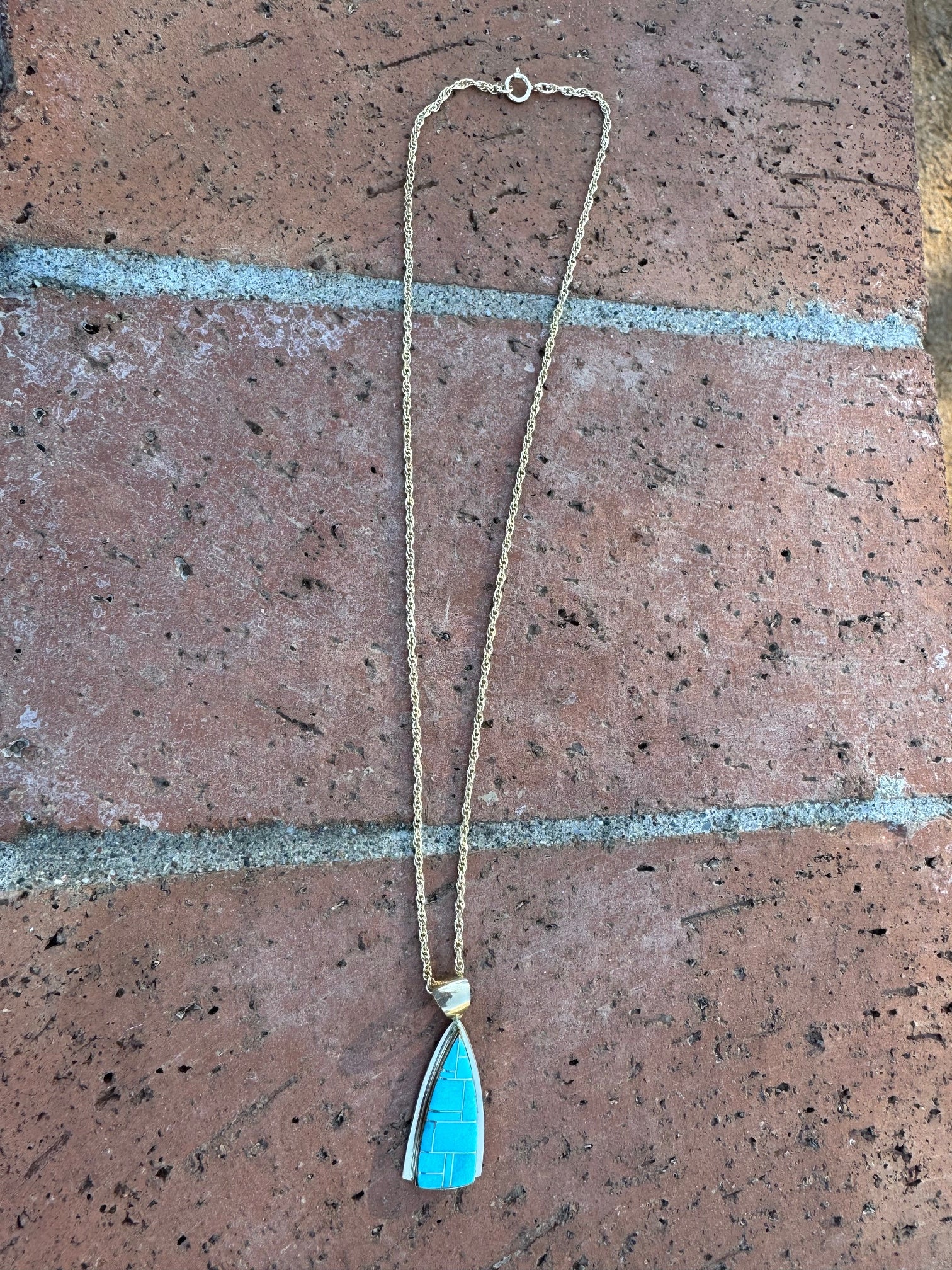 Handmade Gold Filled Over Sterling Silver & Turquoise Inlay Pendant Necklace 16"