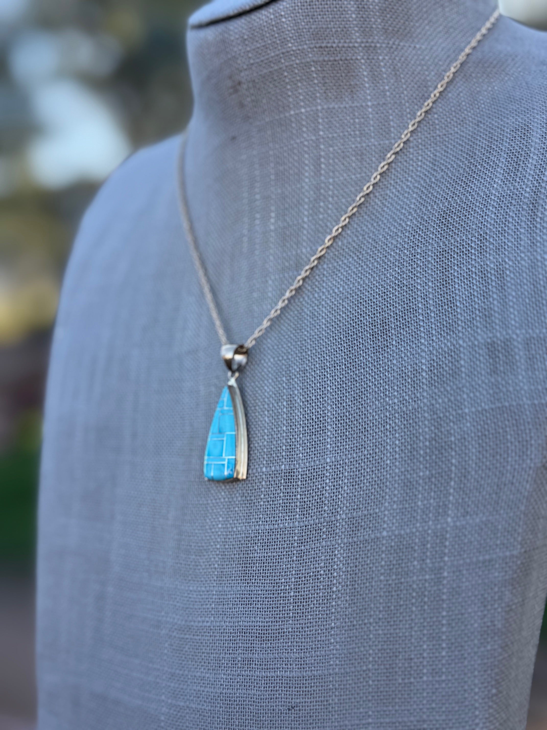 Handmade Gold Filled Over Sterling Silver & Turquoise Inlay Pendant Necklace 16"